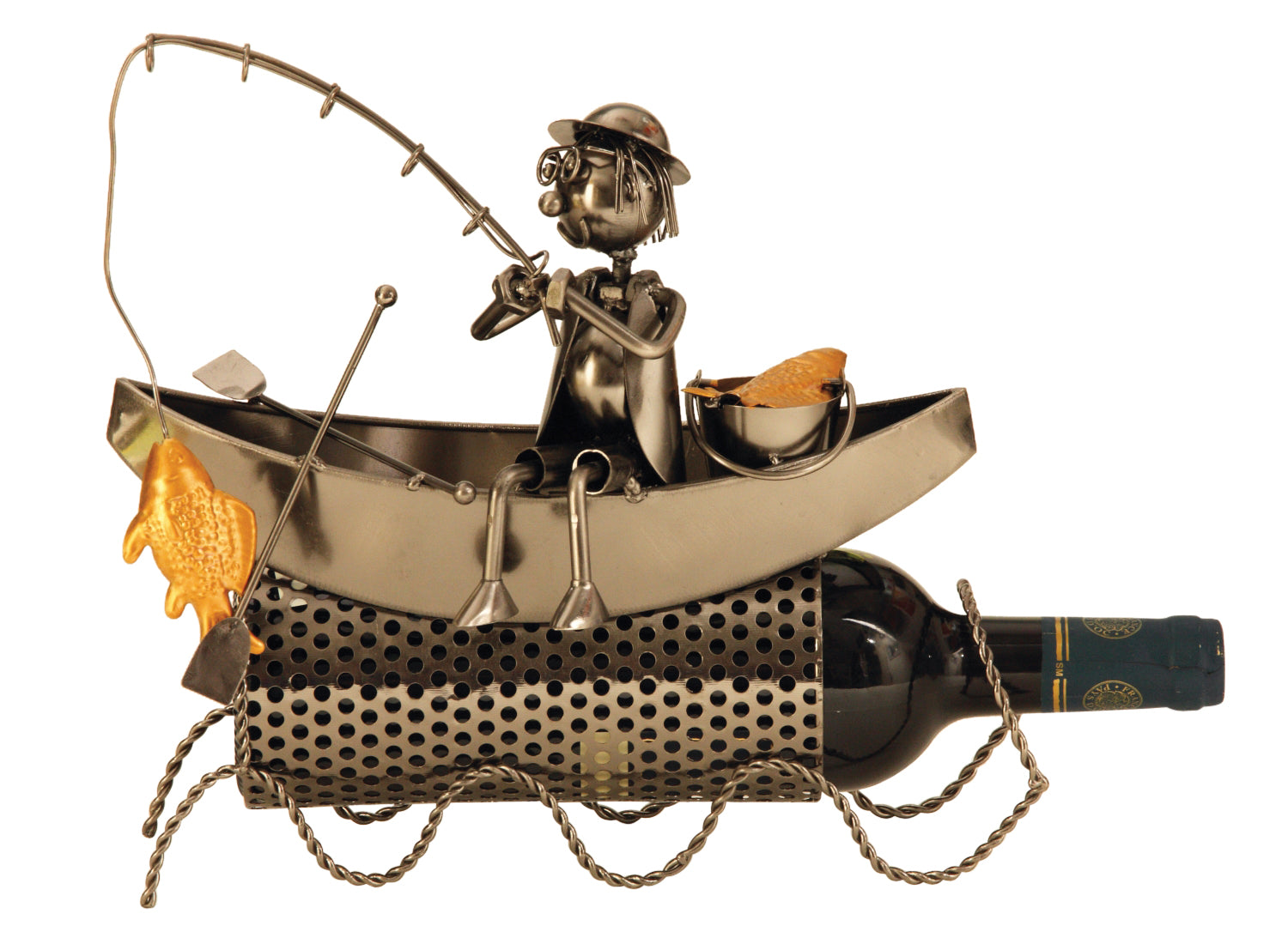 Modern wine bottle holder bottle stand fisherman in boat made of metal in silver height 27 cm