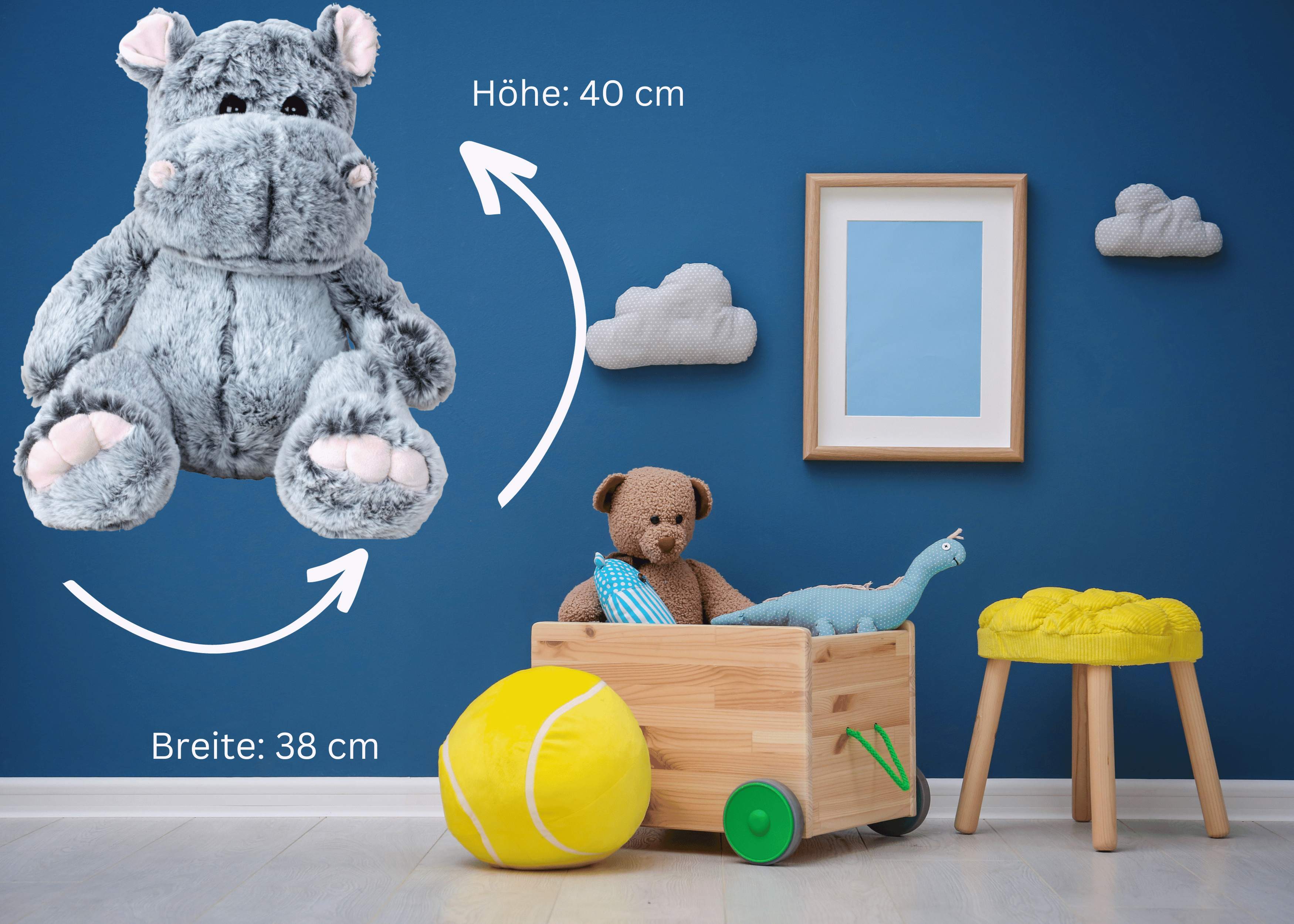 Teddybär Kuschelbär Nilpferd Hippo grau sitzend Plüschbär Kuscheltier samtig weich (40 cm)