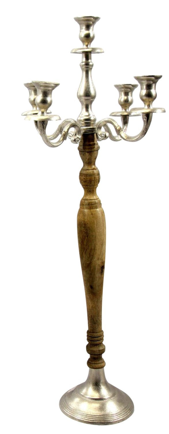 Bougeoir chandelier à 5 bras en bois et métal marron/argent hauteur 80 cm