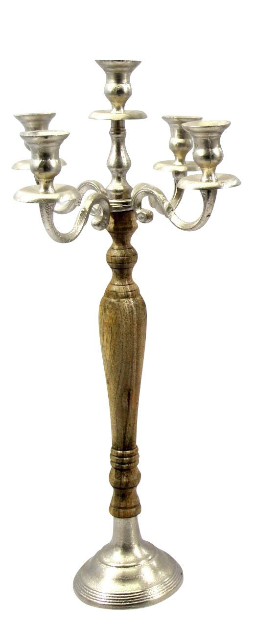 Bougeoir chandelier à 5 bras en bois et métal marron/argent hauteur 60 cm