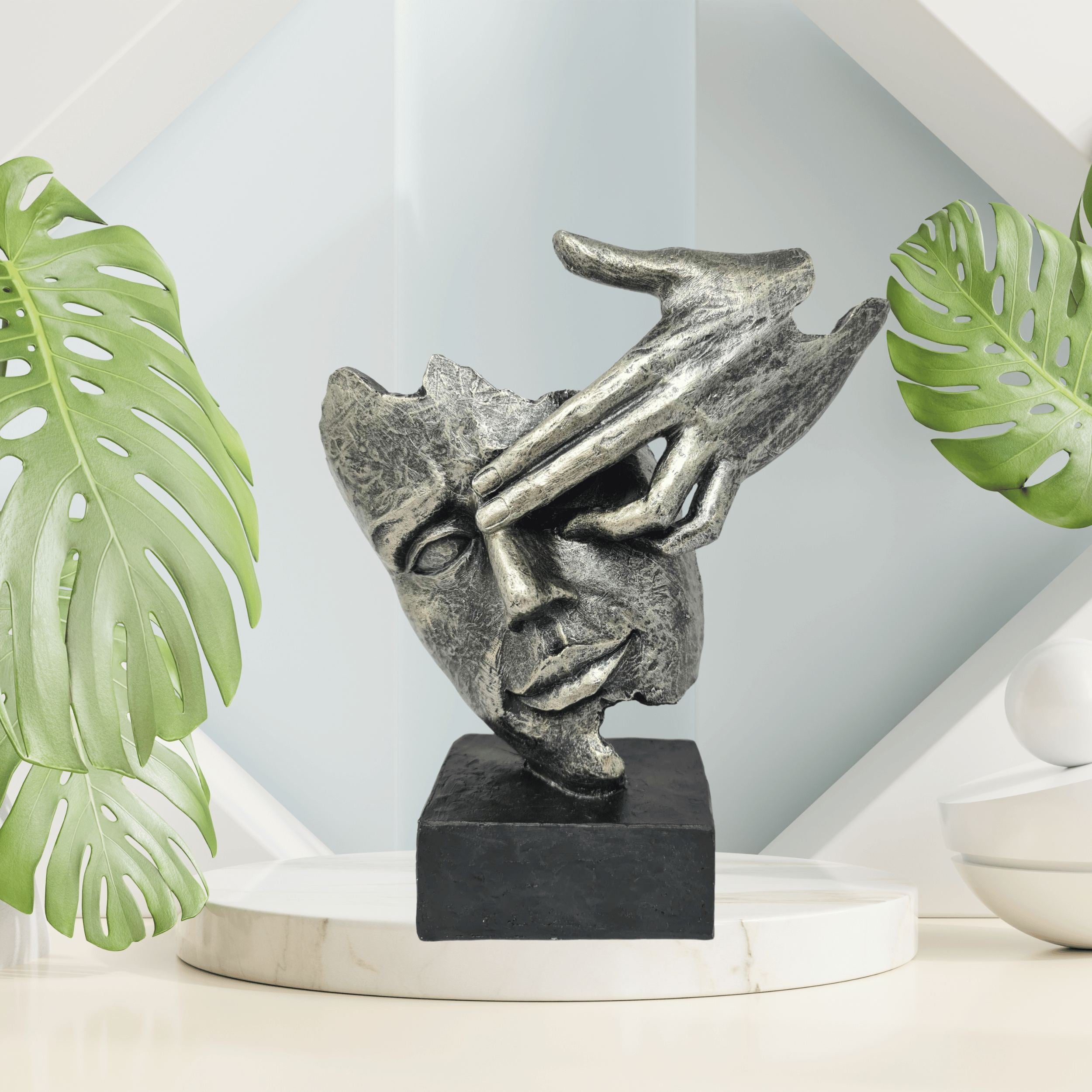 Exclusive decorative bust sculpture decorative figure made of artificial stone in black/silver 20x23 cm