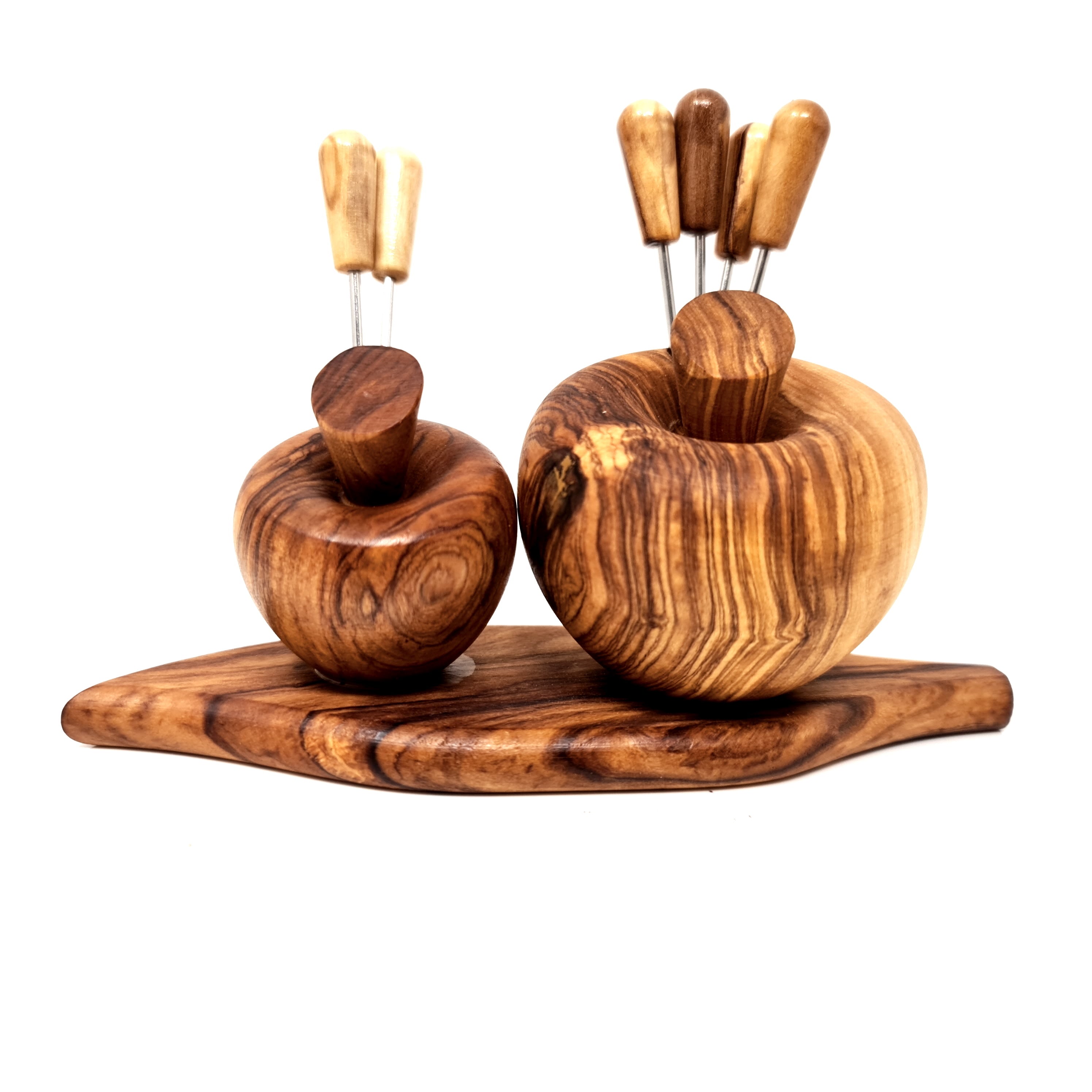 Fondue forks 6 pieces with olive wood handle including matching storage in the shape of an apple