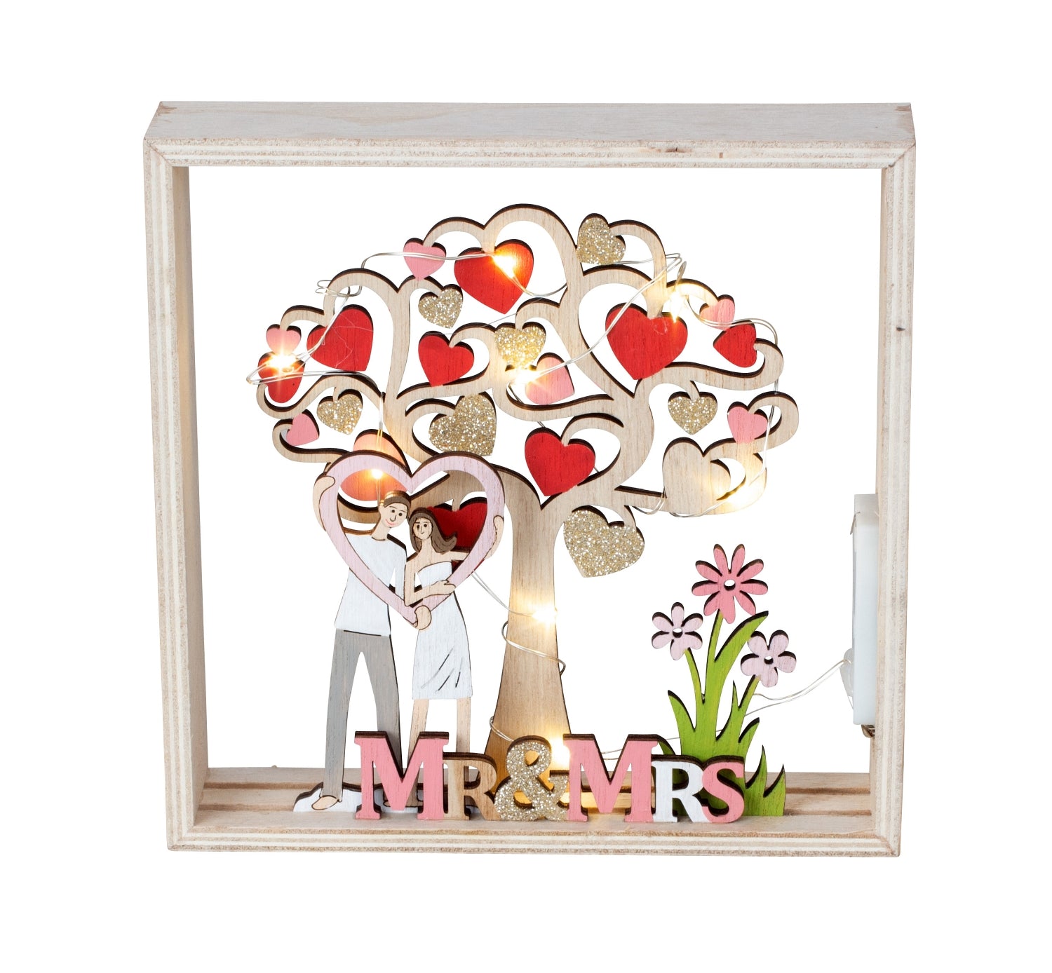 Cadre en bois "MR. &amp; MRS." avec amoureux à poser &amp; éclairage LED 18x18 cm