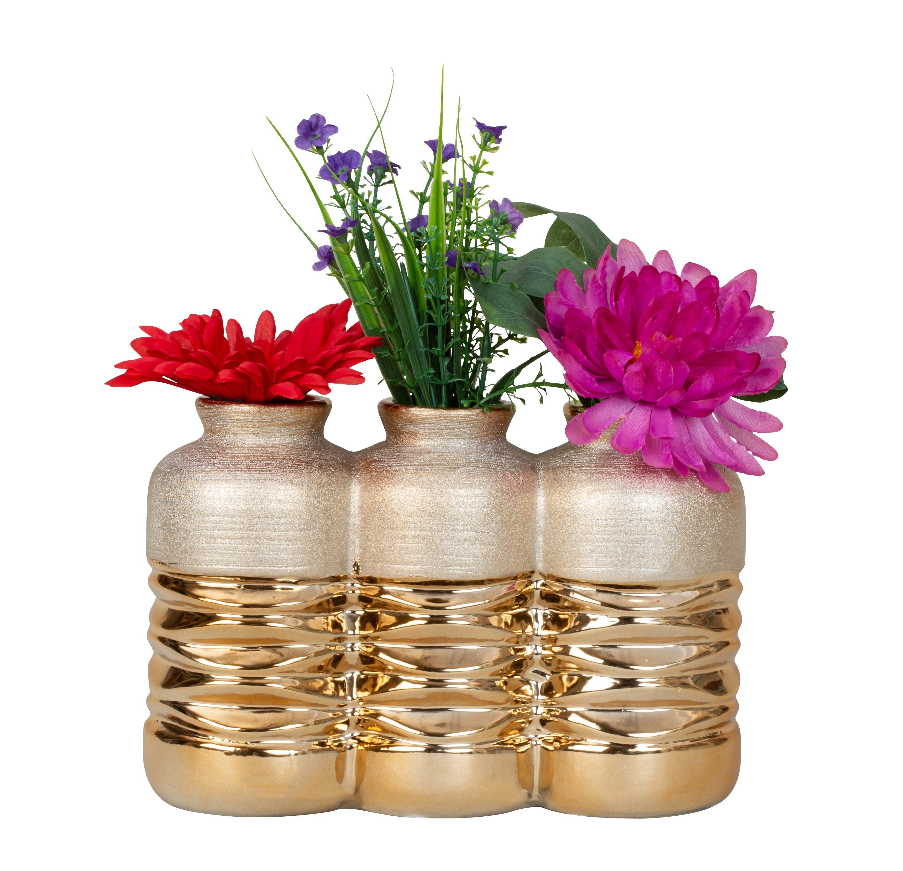 Modern decorative vase flower vase table vase with 3 openings made of ceramic gold 24x17 cm