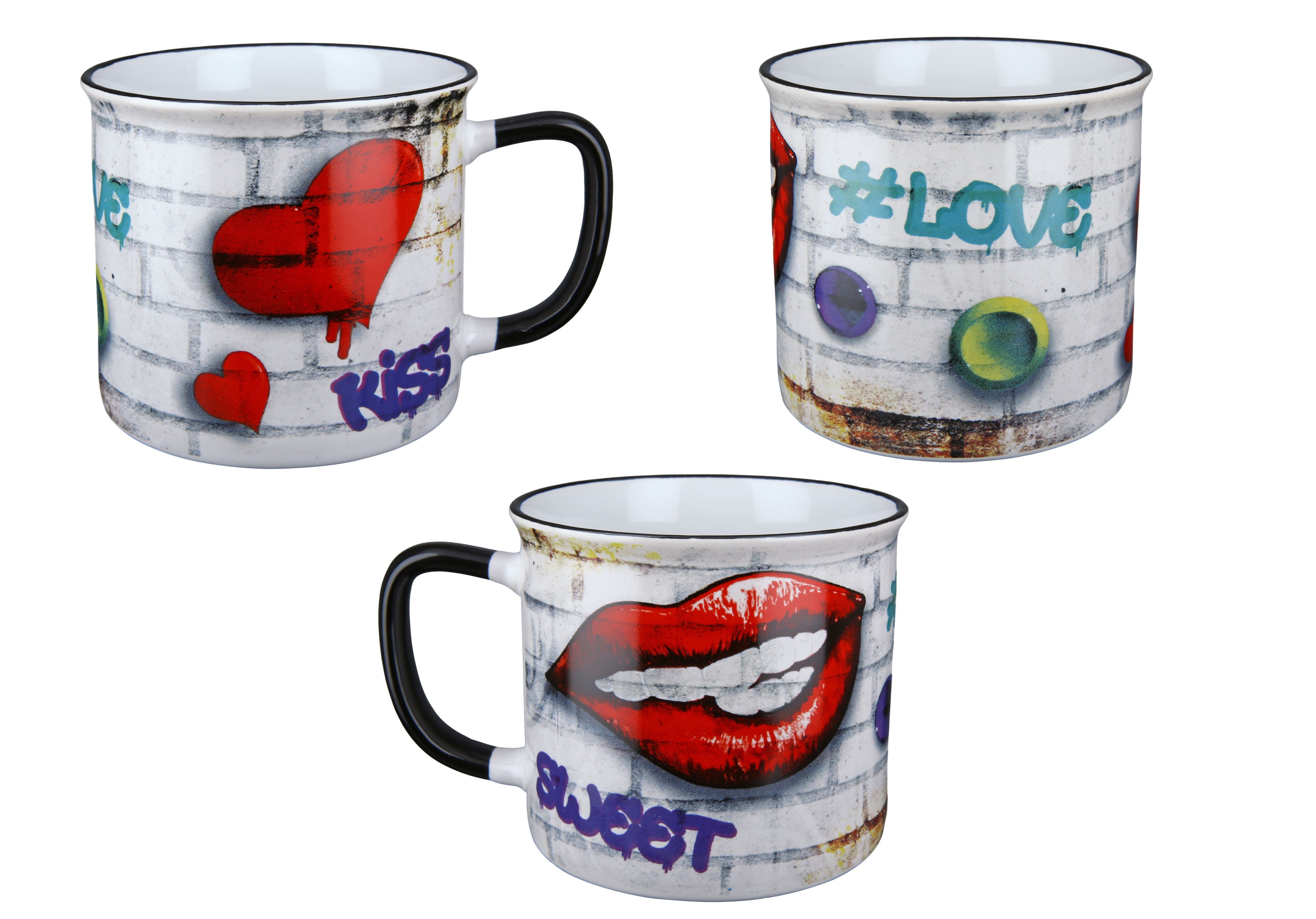 Set of 3 cups coffee cups in street style look elaborately designed from ceramic 10x13x9 cm (white)