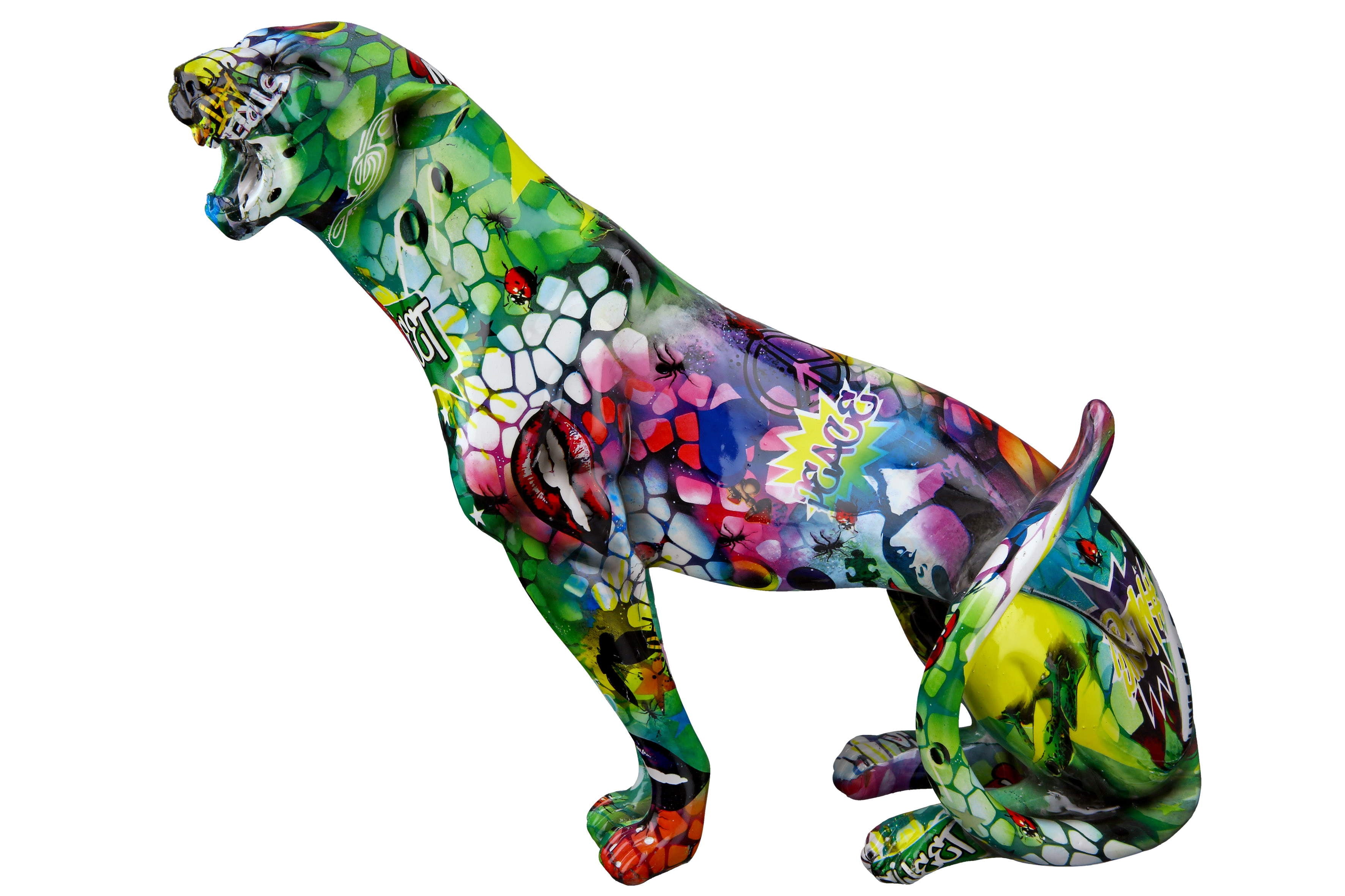 Sculpture moderne figure décorative guépard debout POP ART en pierre artificielle multicolore 33x28 cm