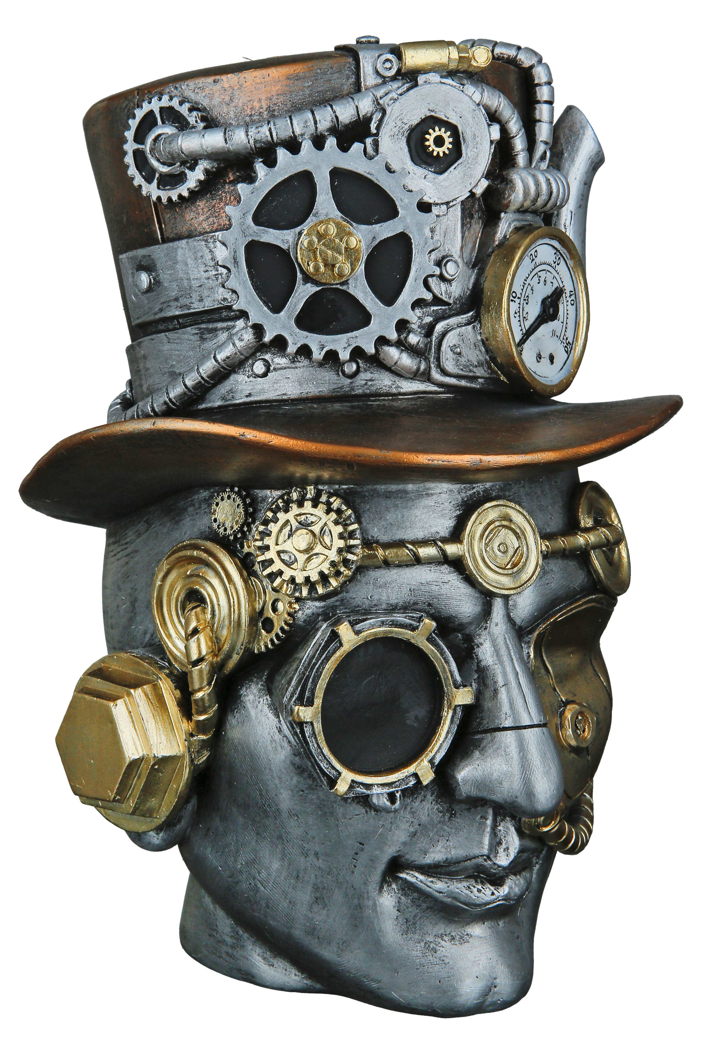 Figurine décorative sculpture moderne au look steampunk en pierre artificielle argent/or 18x16x20 cm (femme)