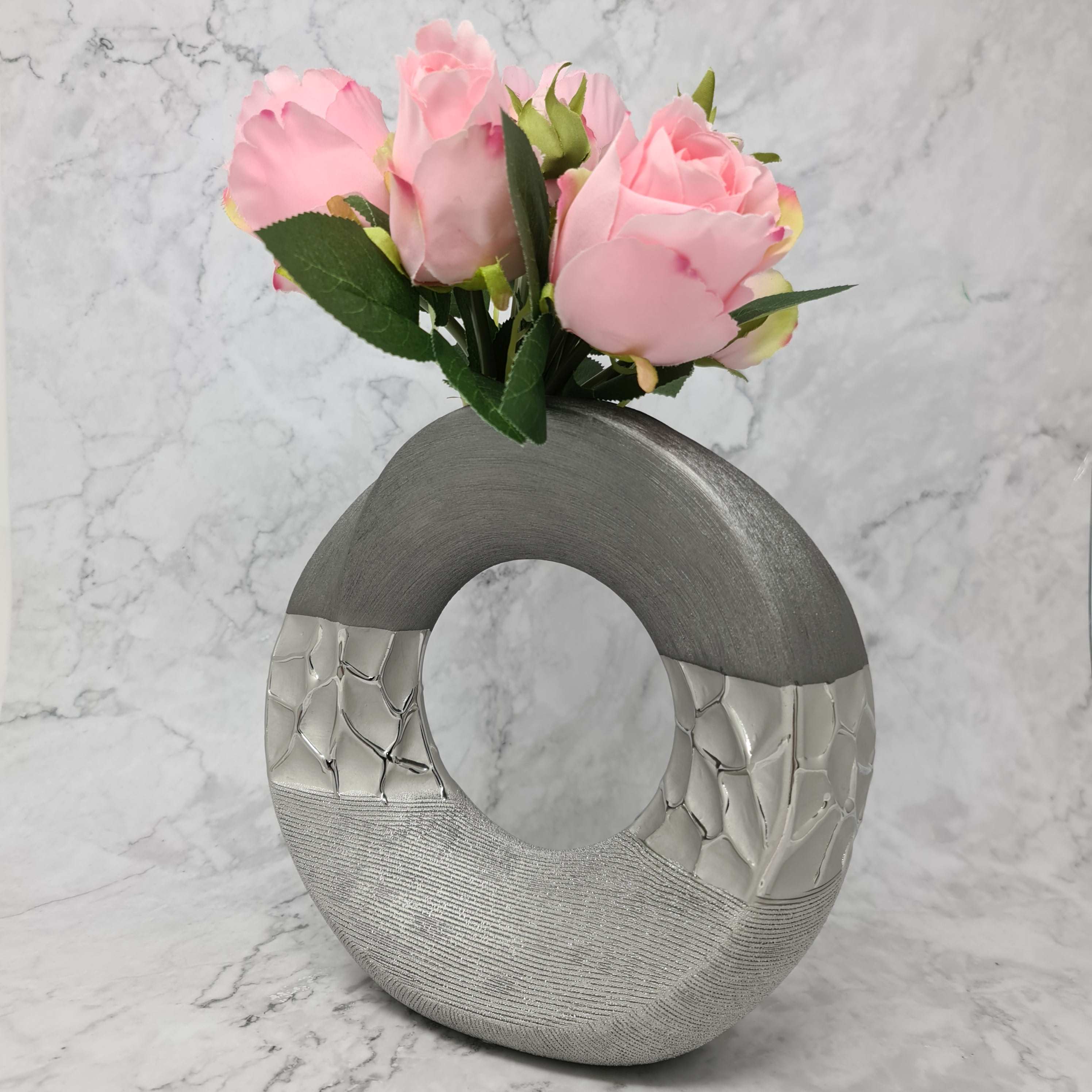 Modern decorative vase flower vase table vase made of ceramic silver shiny and matt 18x18 cm