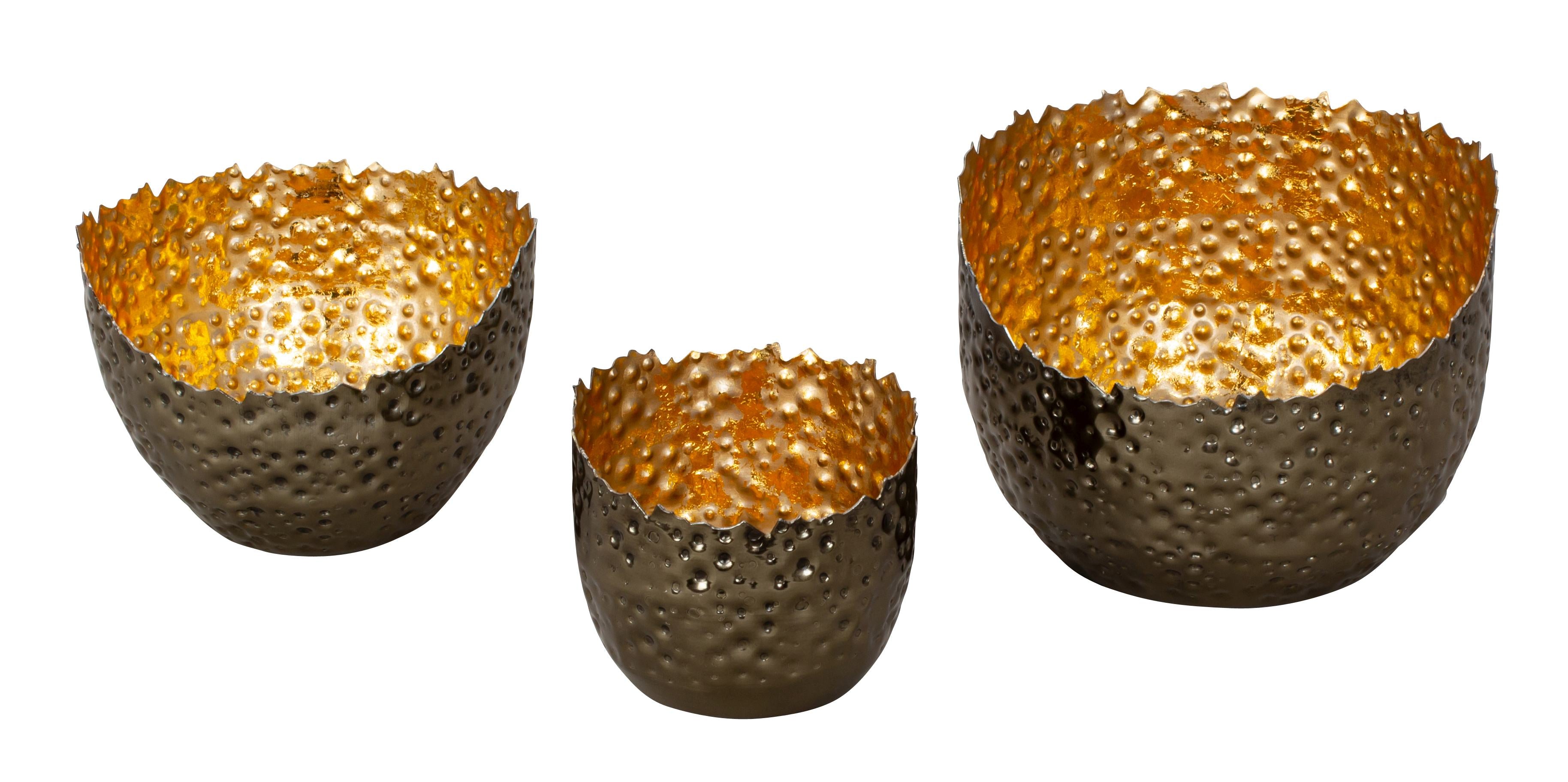 Set of 3 tealight holders in modern shape black/gold made of metal H 8+10+12cm D 9.5+13+16cm