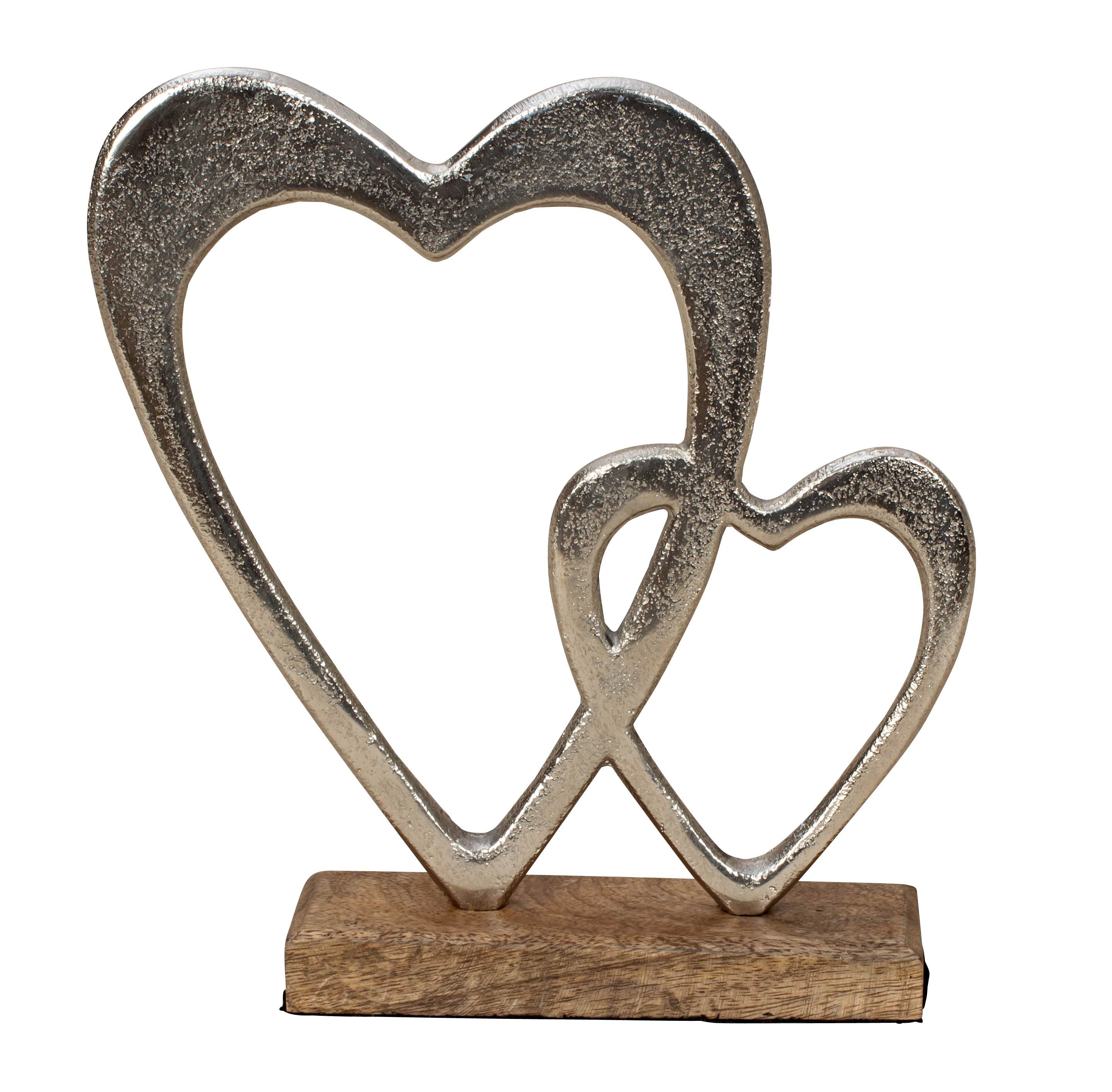 Sculpture moderne figure décorative coeur en aluminium sur socle en bois argent/marron 20x23 cm