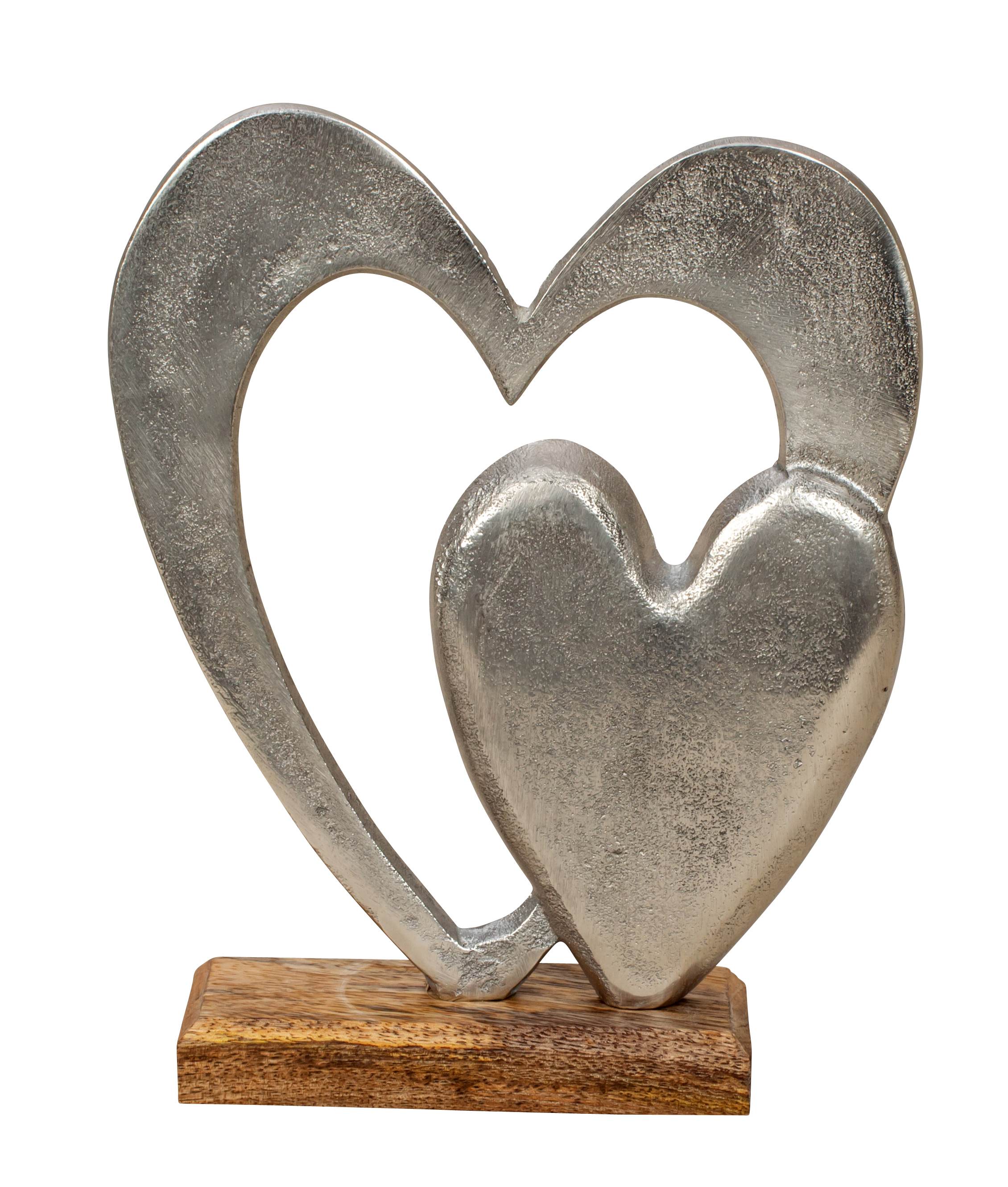 Modern sculpture decorative figure heart made of aluminium on a wooden base silver/brown 17x21 cm