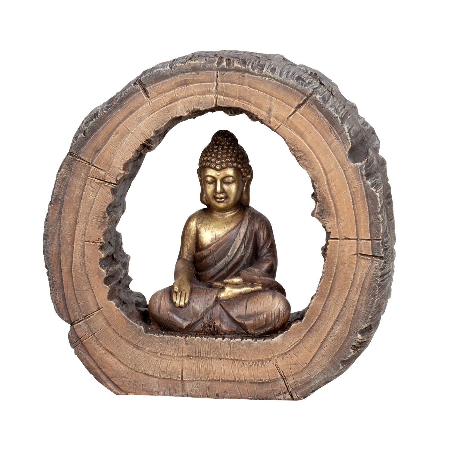 Sculpture moderne figure décorative Bouddha en magnésie dans un disque d'arbre marron D 39 cm