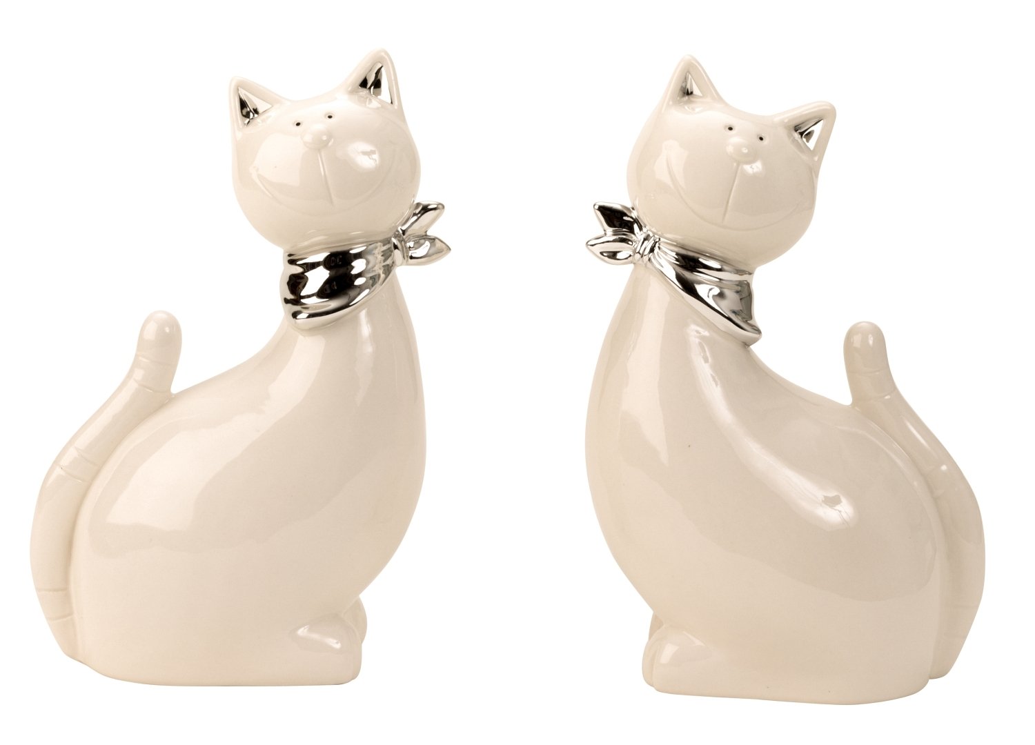 Figurine décorative sculpture chat moderne avec écharpe argentée en céramique blanc/argent hauteur 22 cm