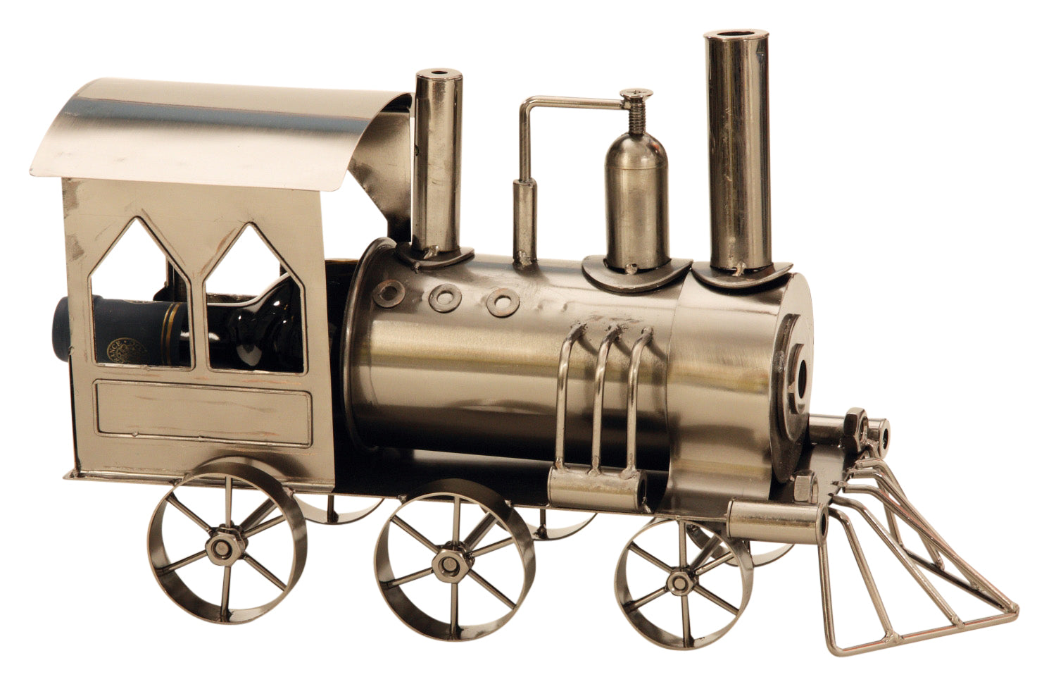 Extravagant wine bottle holder bottle stand locomotive made of metal in silver height 23 cm