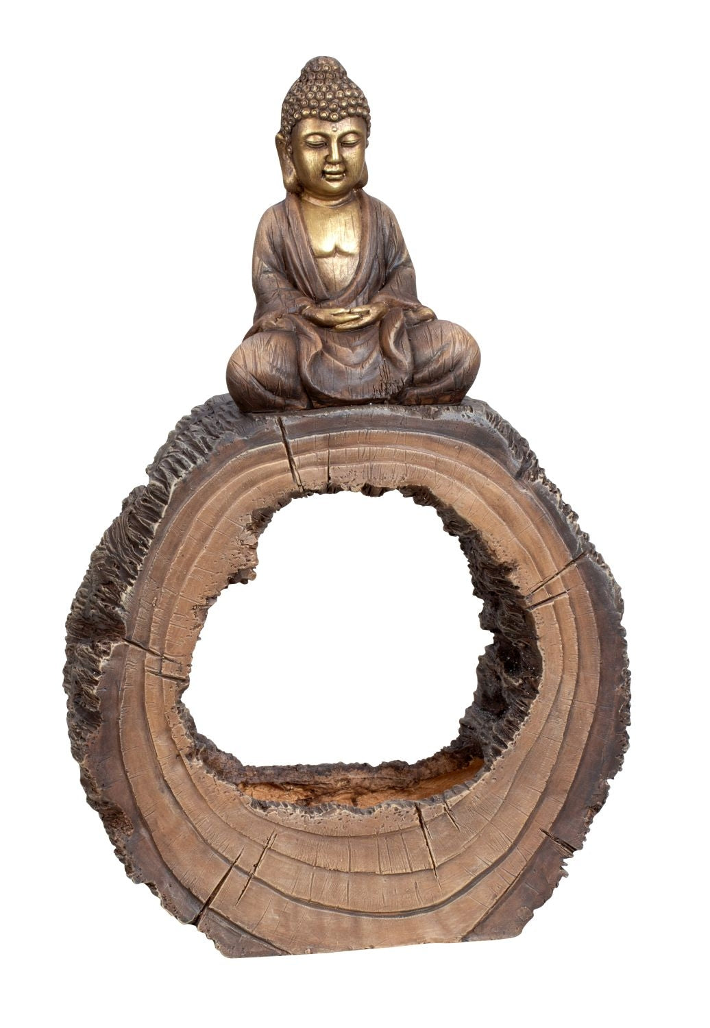 Moderne Skulptur Dekofigur Buddha sitzend auf Baumscheibe gold/braun 35x56 cm