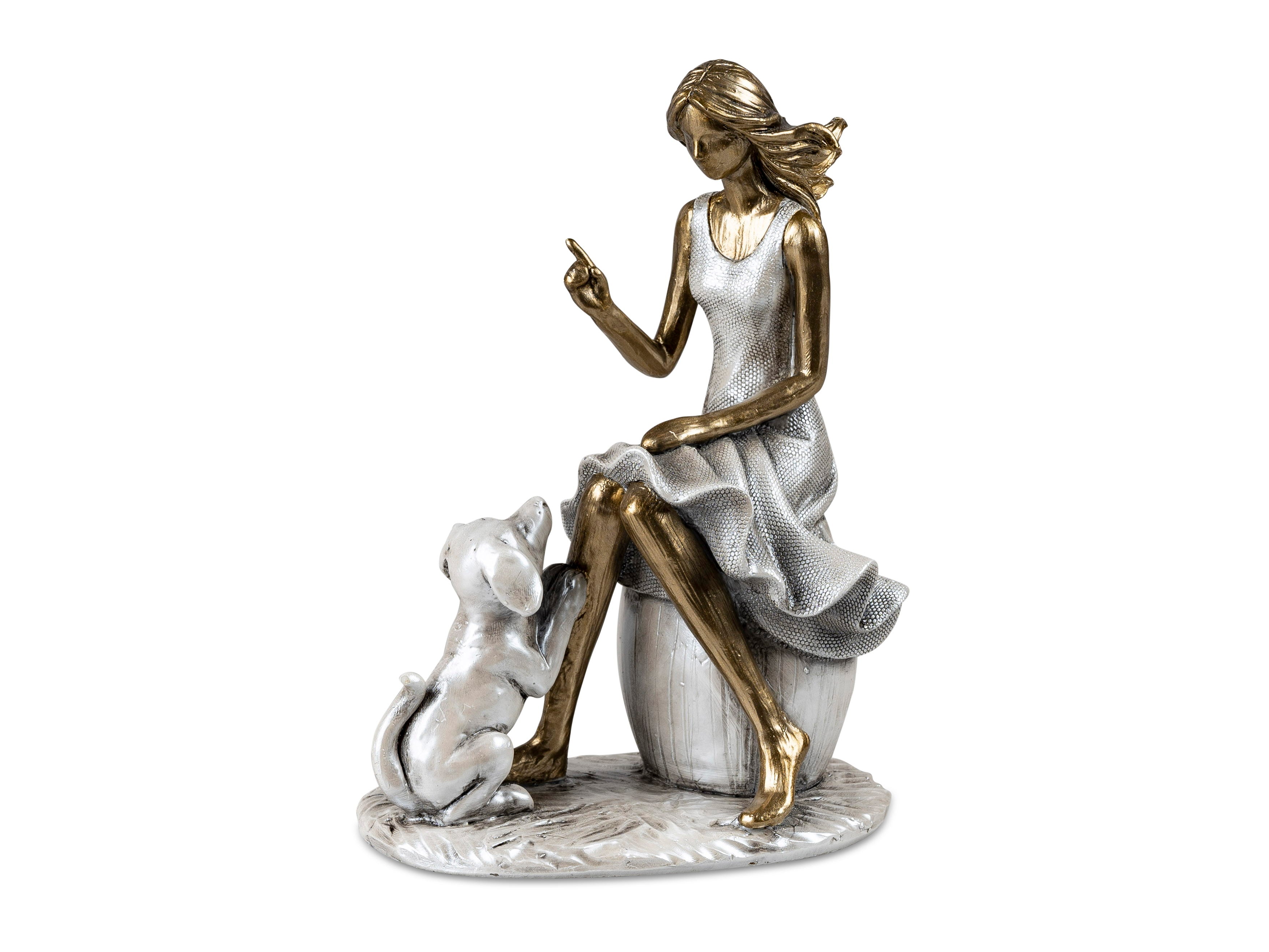 Modern sculpture decorative figure lady with dog on base silver/gold hand painted 13x18 cm