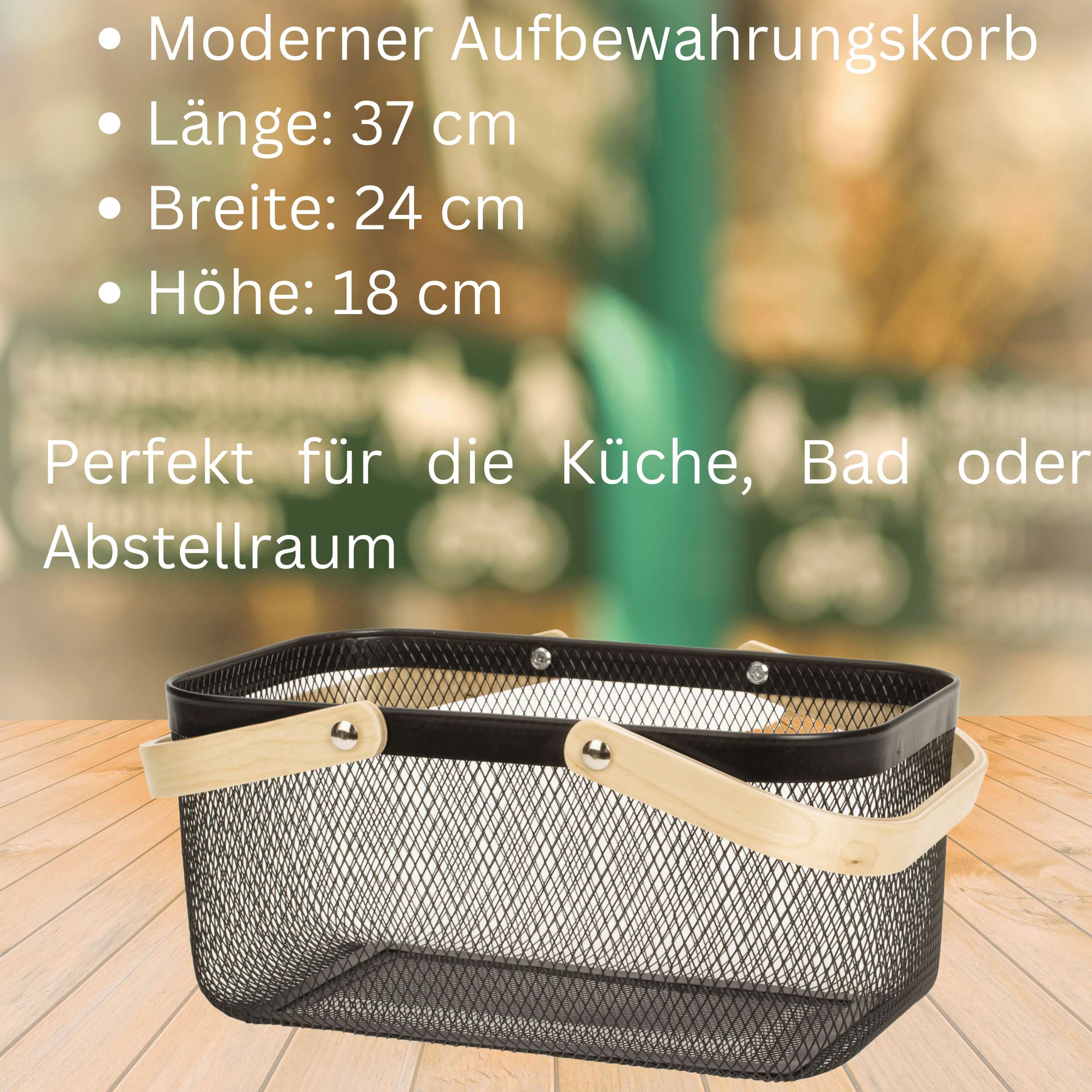 Aufbewahrungskorb mit Henkel für Kleidung Deko oder Accessoires schwarz aus Stahl und Holz 37x24x18