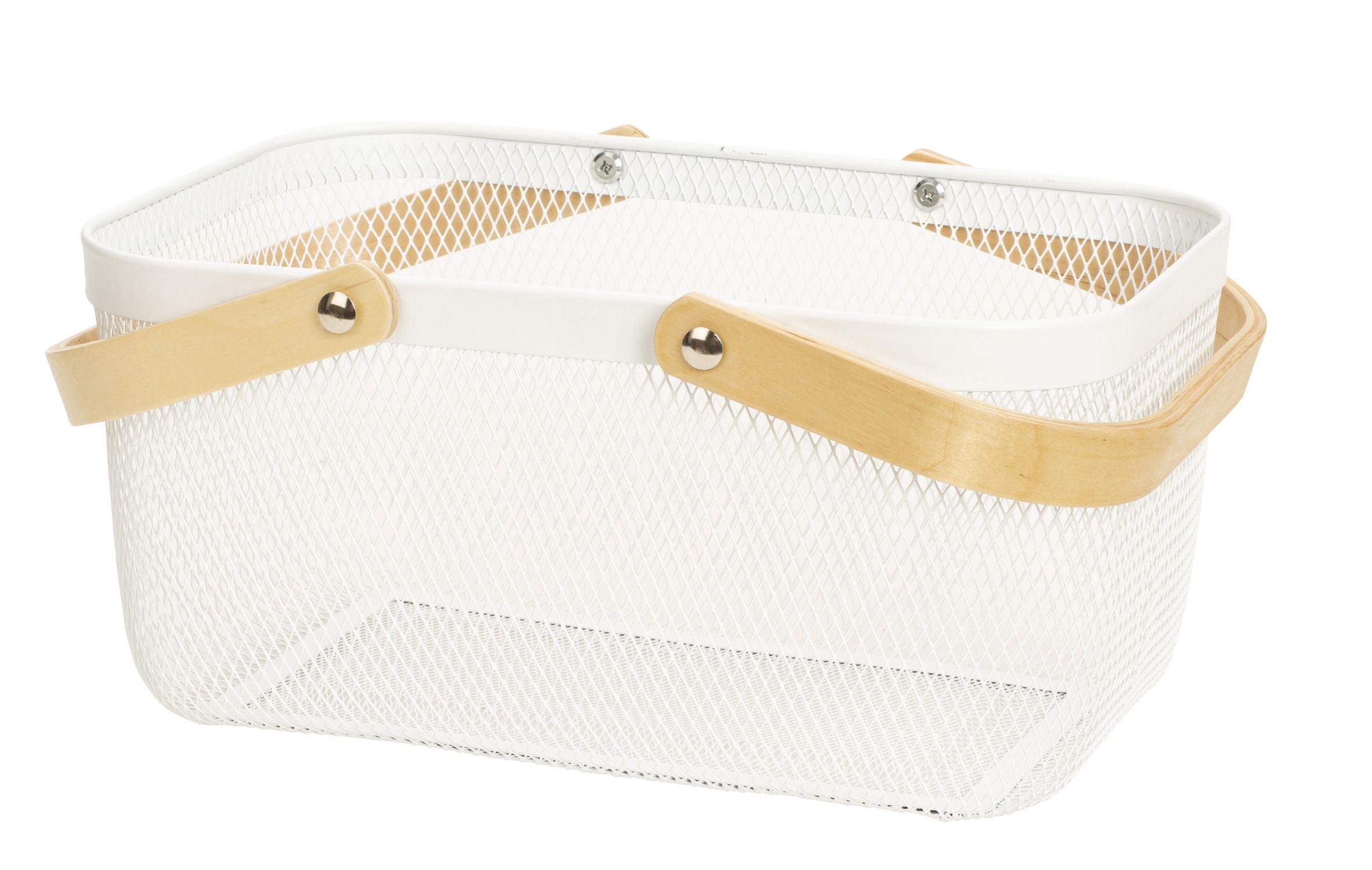 Panier de rangement avec poignée pour décoration de vêtements ou accessoires blanc en acier et bois 37x24x18 cm