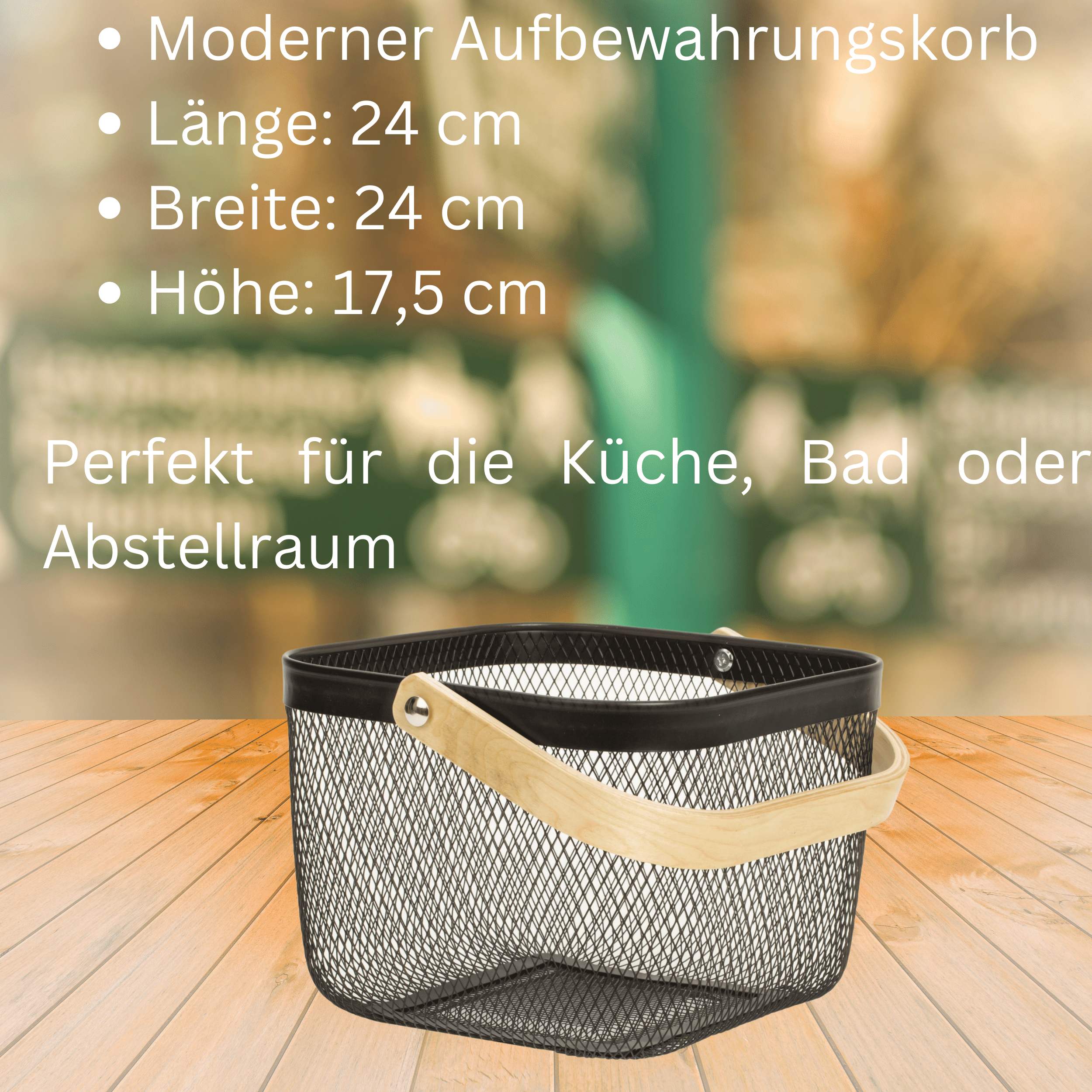 Aufbewahrungskorb mit Henkel für Kleidung Deko oder Accessoires schwarz aus Stahl und Holz 24x24x17