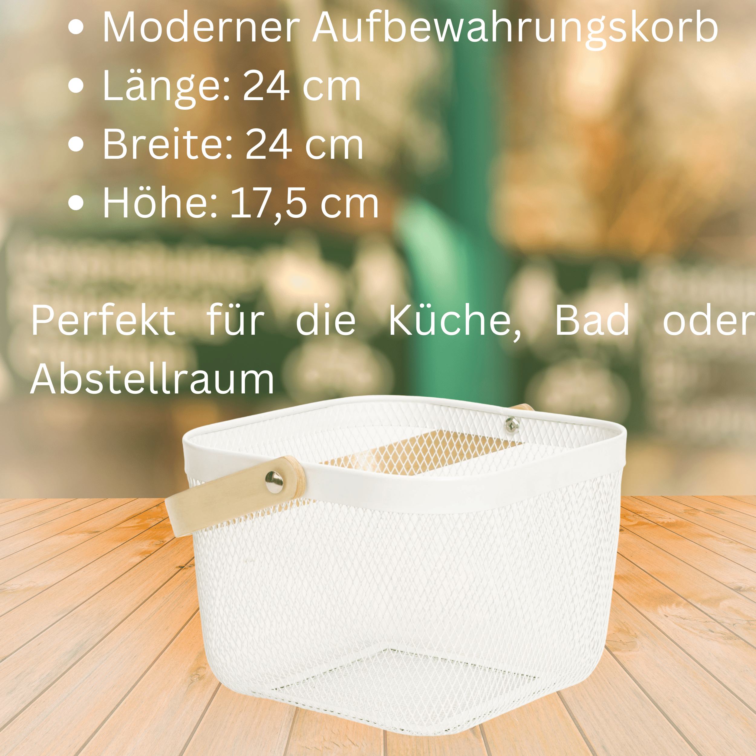 Aufbewahrungskorb mit Henkel für Kleidung Deko oder Accessoires weiß aus Stahl und Holz 24x24x17,5cm