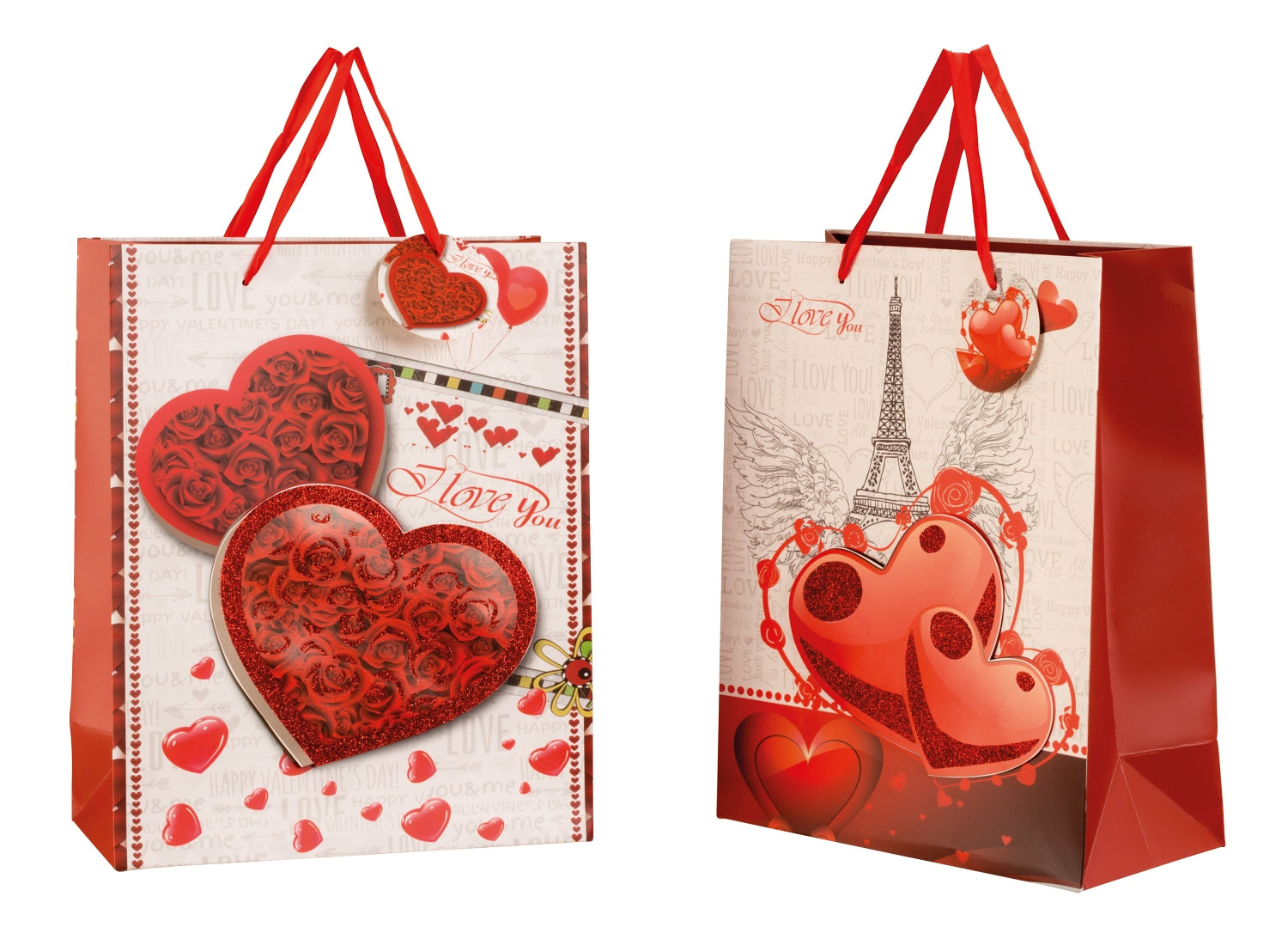 Sacs cadeaux modernes coeurs et amour avec paillettes en lot de 4 dimensions 26x32x12cm