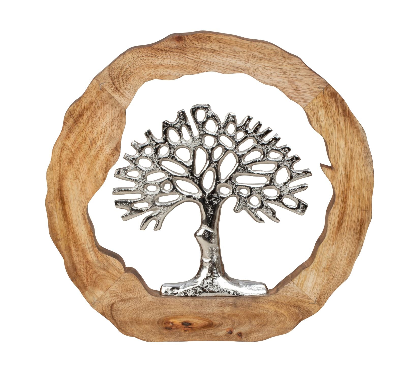 Modern sculpture decorative figure tree of life in a circle made of aluminium and wood silver/brown D 35 cm