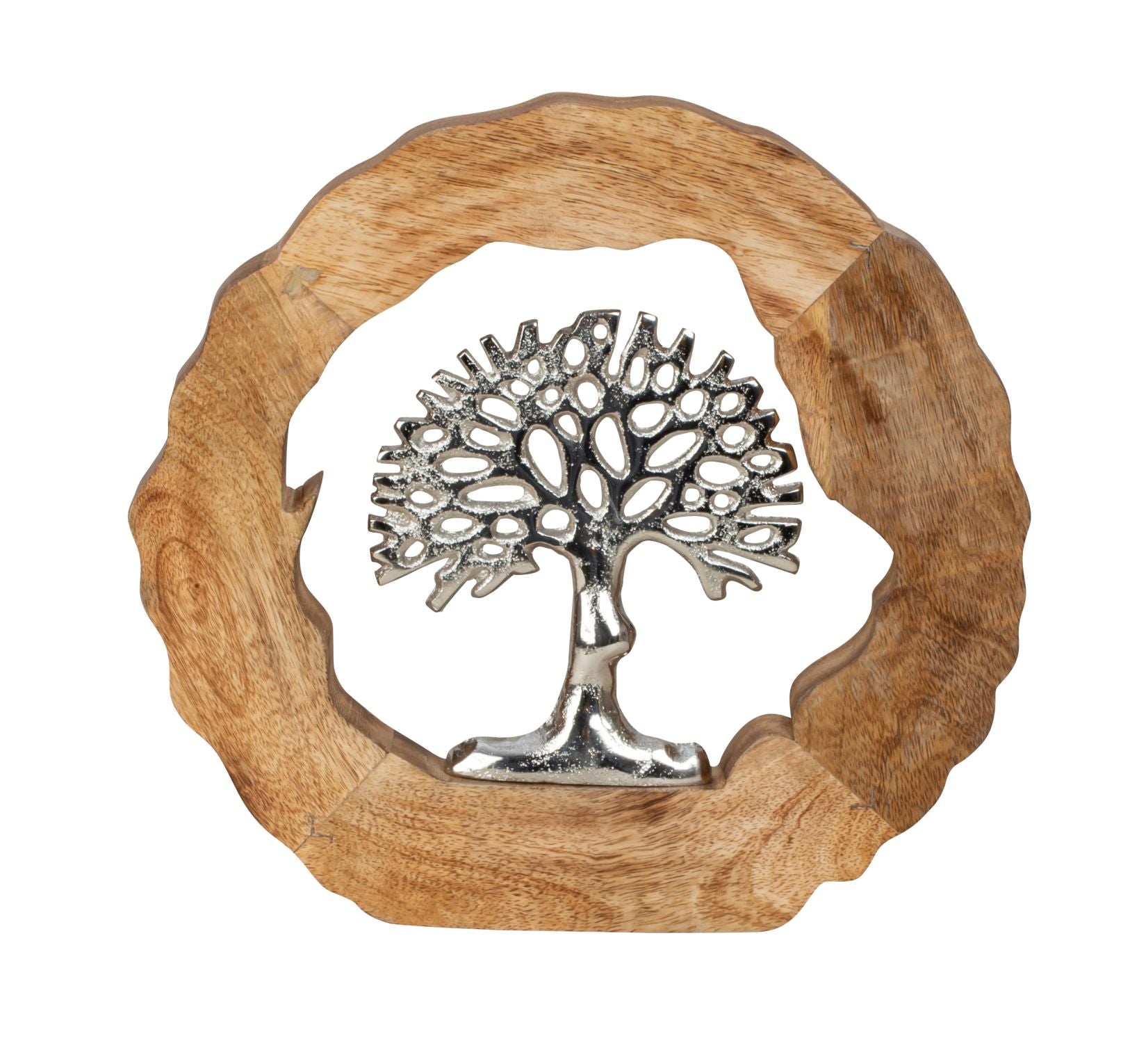 Modern sculpture decorative figure tree of life in a circle made of aluminium on a wooden base silver/brown D 26cm