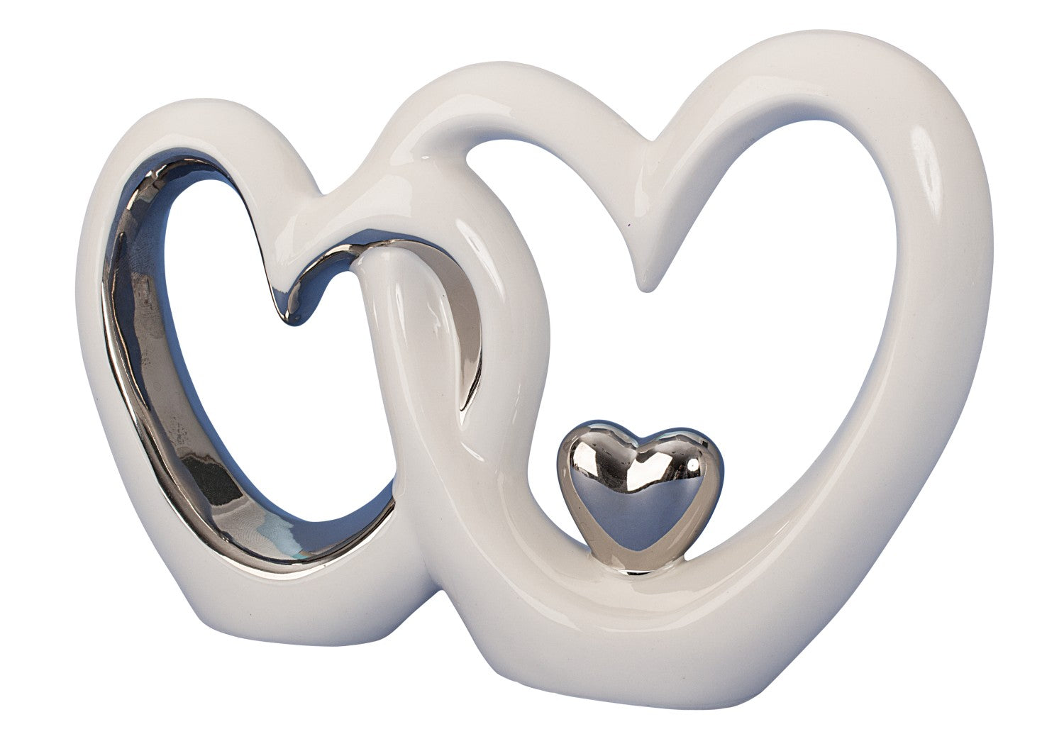 Modern sculpture decorative figure in the shape of two hearts made of ceramic white/silver 19x13 cm