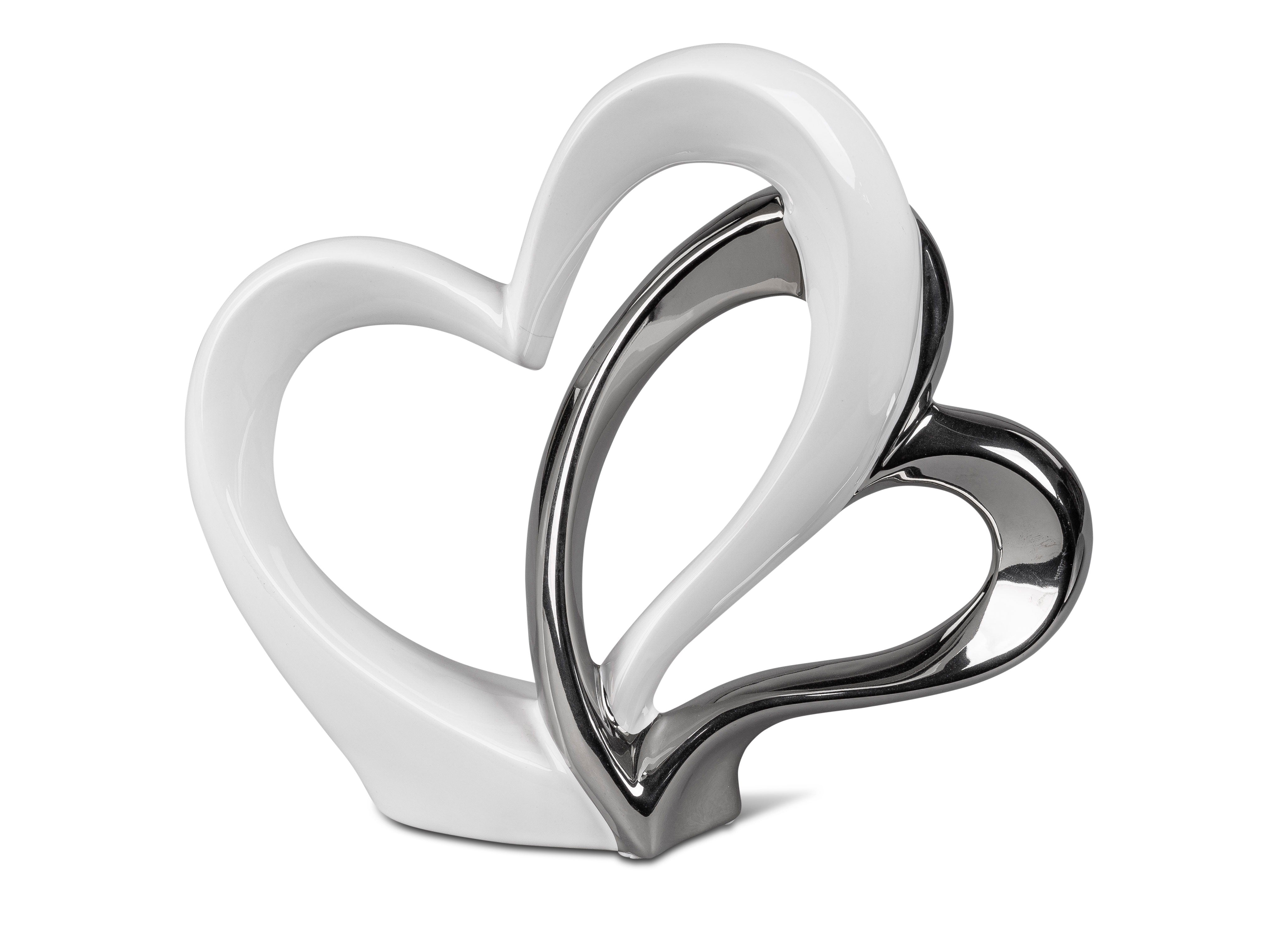 Modern sculpture decorative figure in the shape of two hearts made of porcelain white/silver 25x23 cm