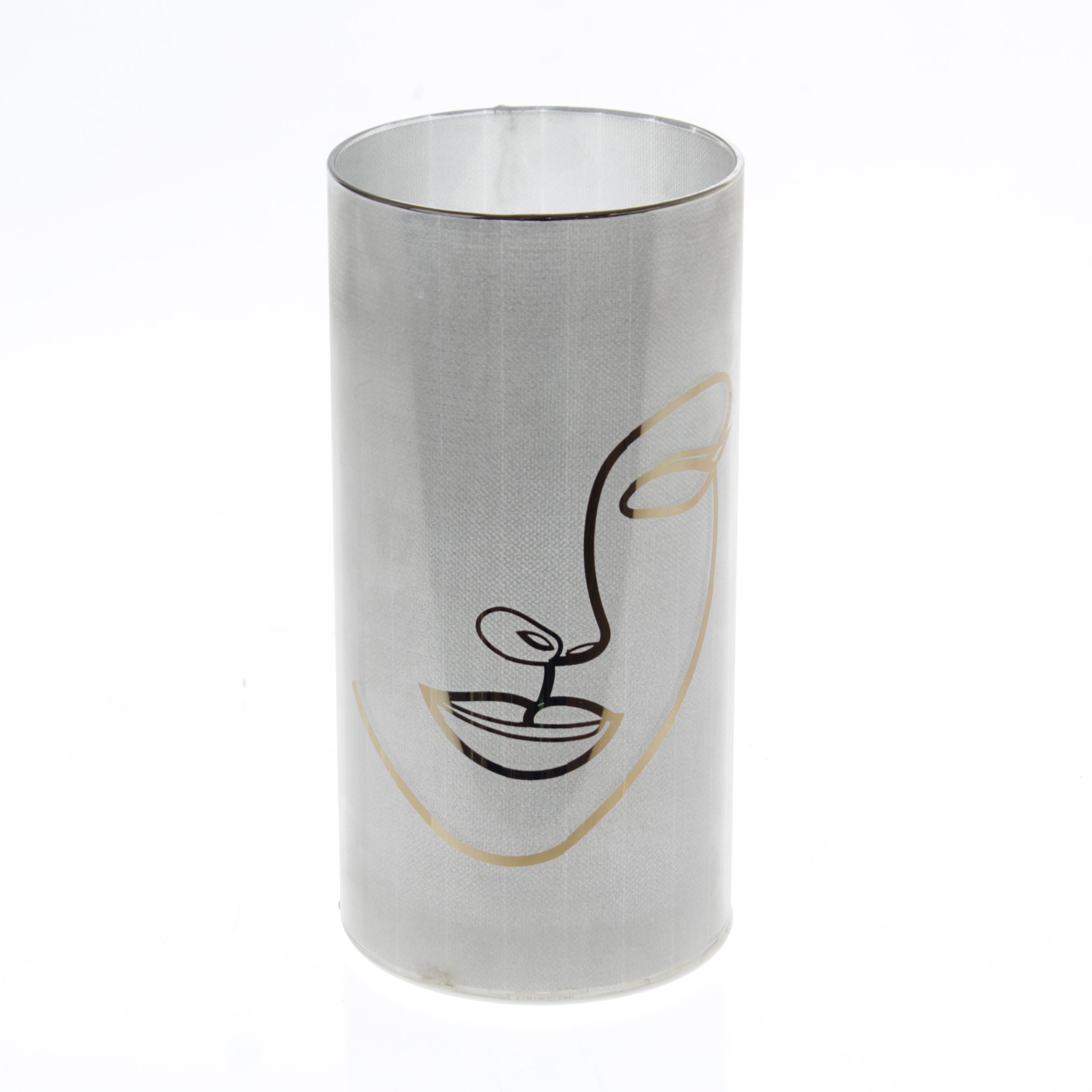 Modern lantern LED lamp in cylinder design made of white glass with printed face 10x20 cm