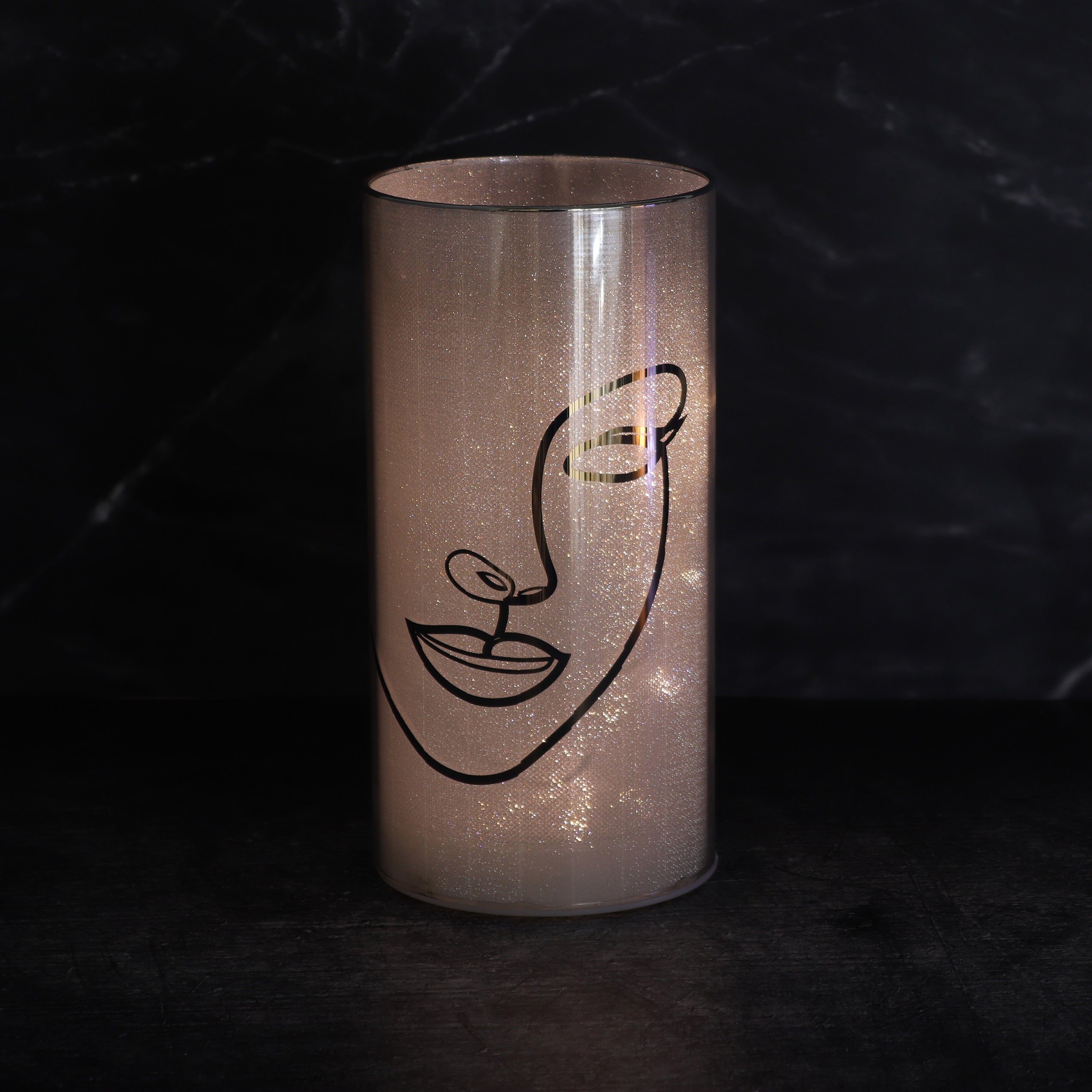 Modern lantern LED lamp in cylinder design made of white glass with printed face 10x20 cm