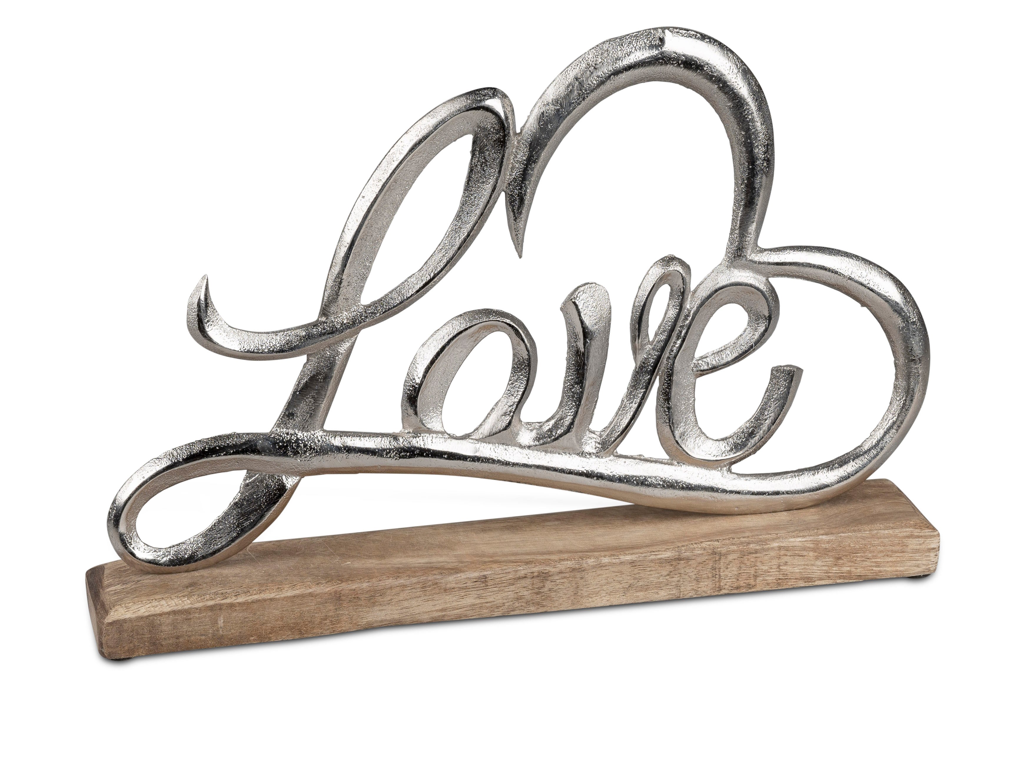 Modern lettering stand decorative figure LOVE with heart silver on mango wood 33x22 cm