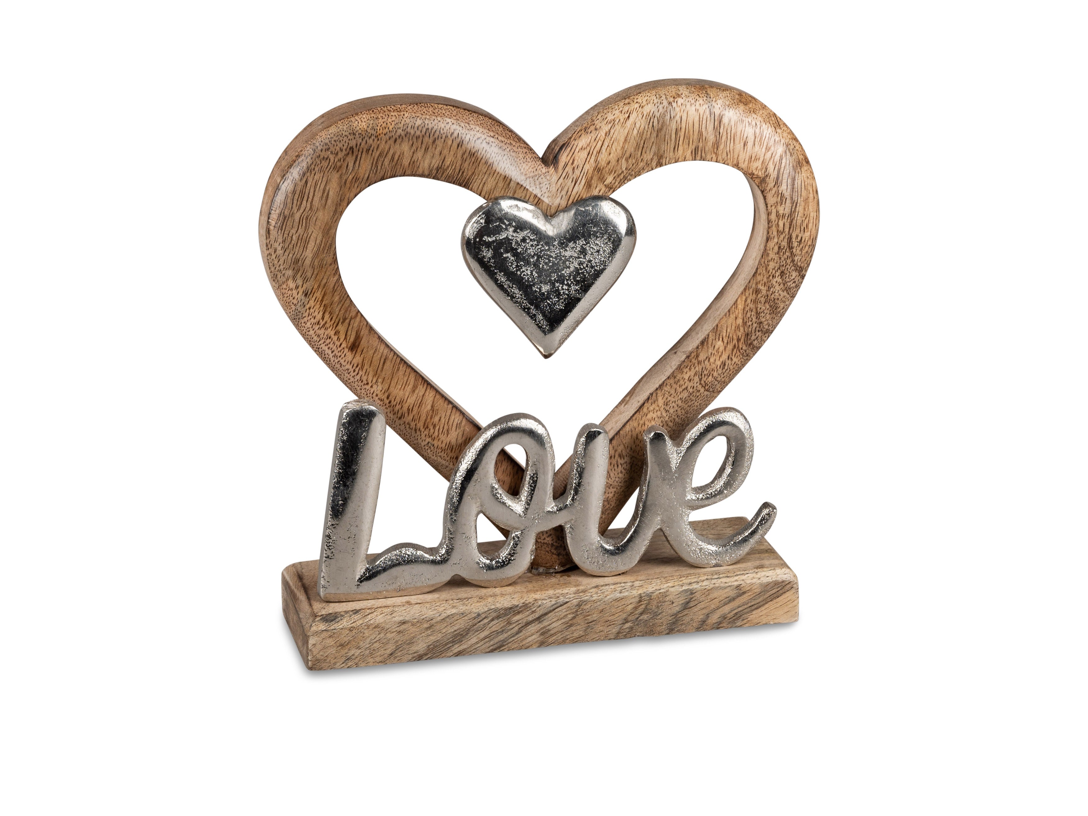 Support d'inscription moderne figure décorative LOVE avec coeur de couleur argent base en bois de manguier 20cm