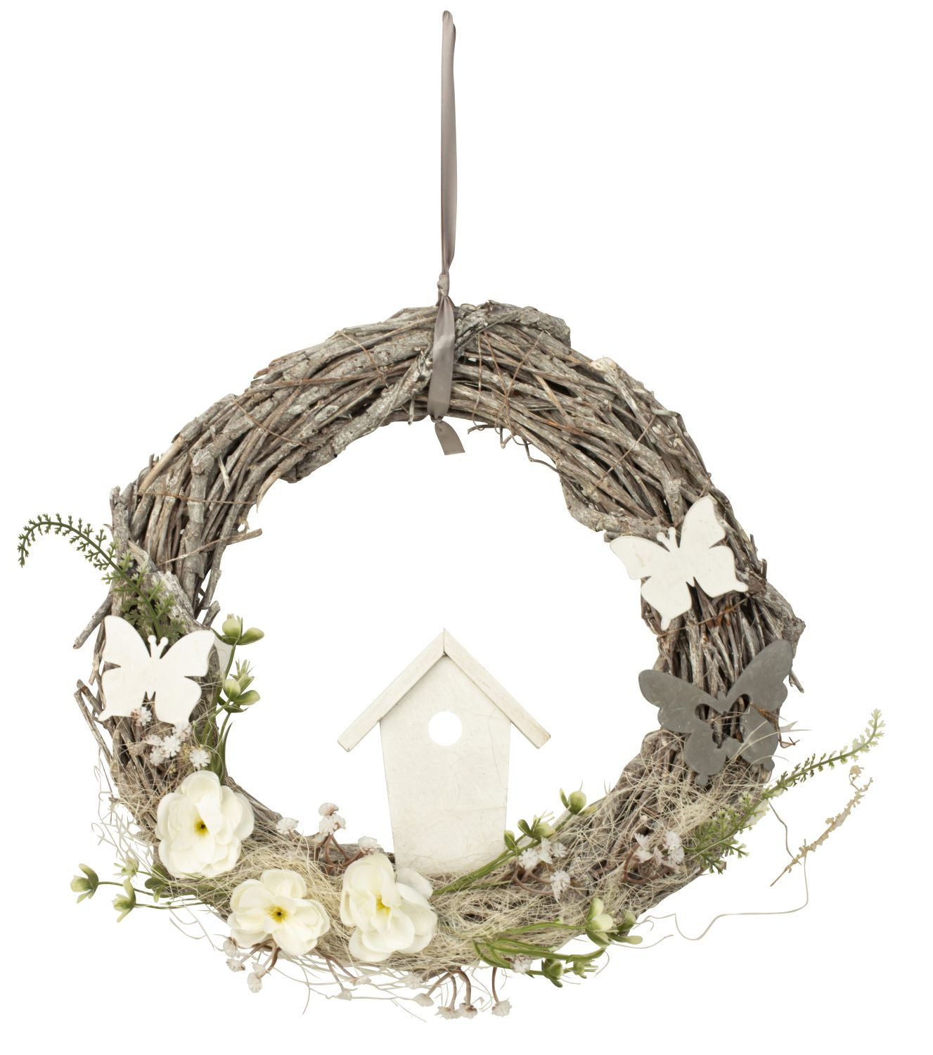 Modern willow wreath door wreath with flower decoration, butterfly and birdhouse D 30 cm