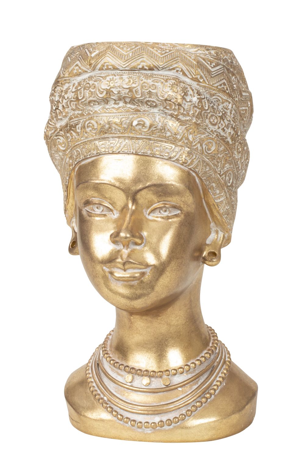 Moderne Skulptur Dekofigur Afrikanischer Frauenkopf Gold zum Bepflanzen geeignet Höhe 31,5 cm