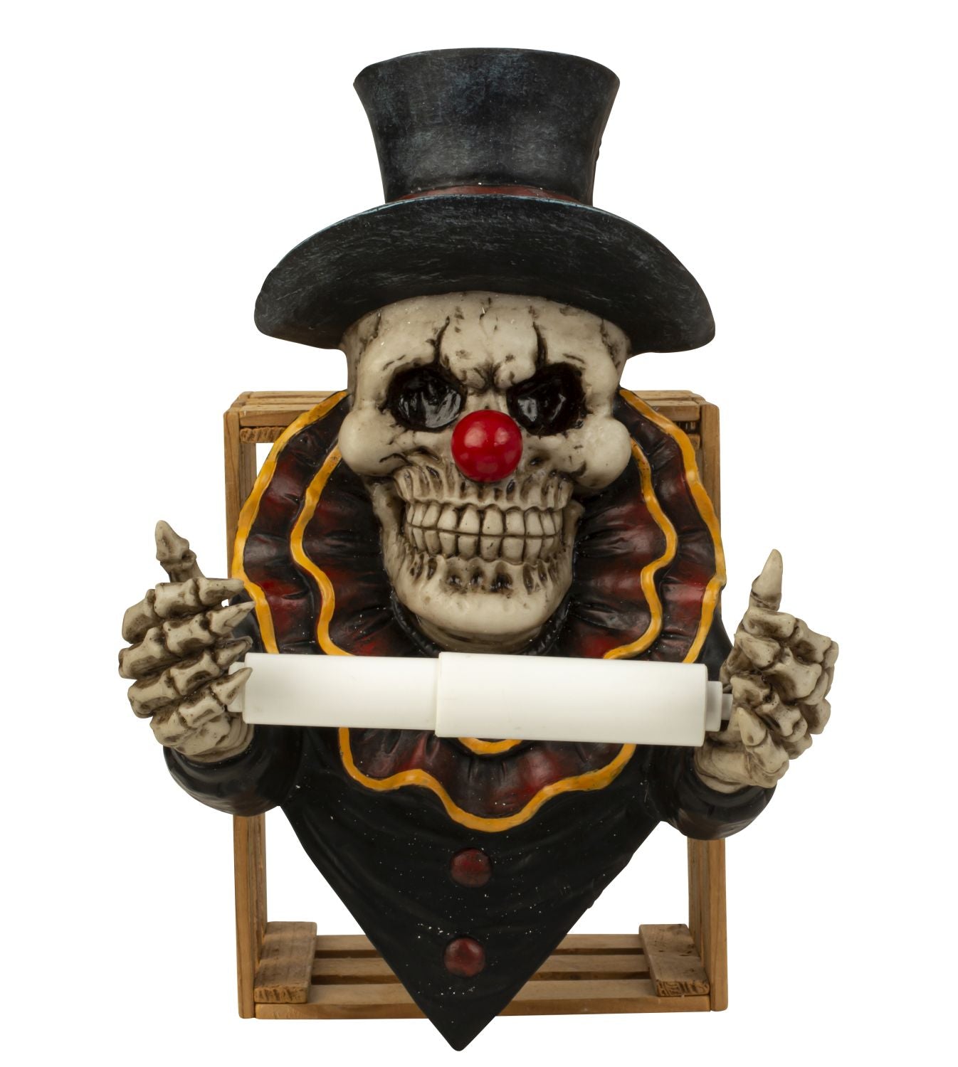 Skull with top hat &amp; red clown nose as toilet paper holder toilet roll holder 22x31,5cm