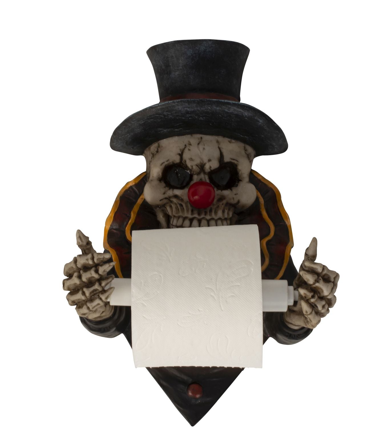 Skull with top hat &amp; red clown nose as toilet paper holder toilet roll holder 22x31,5cm