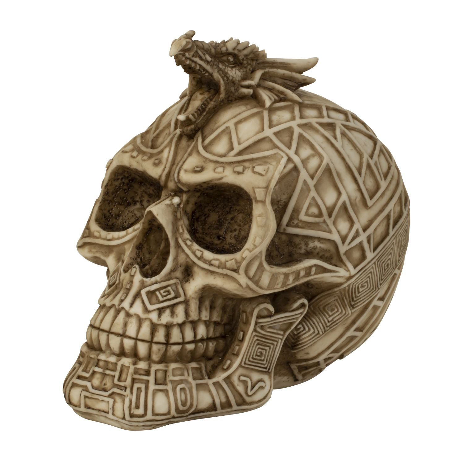 Skull with dragon decoration elaborately decorated made of artificial stone height 14 cm