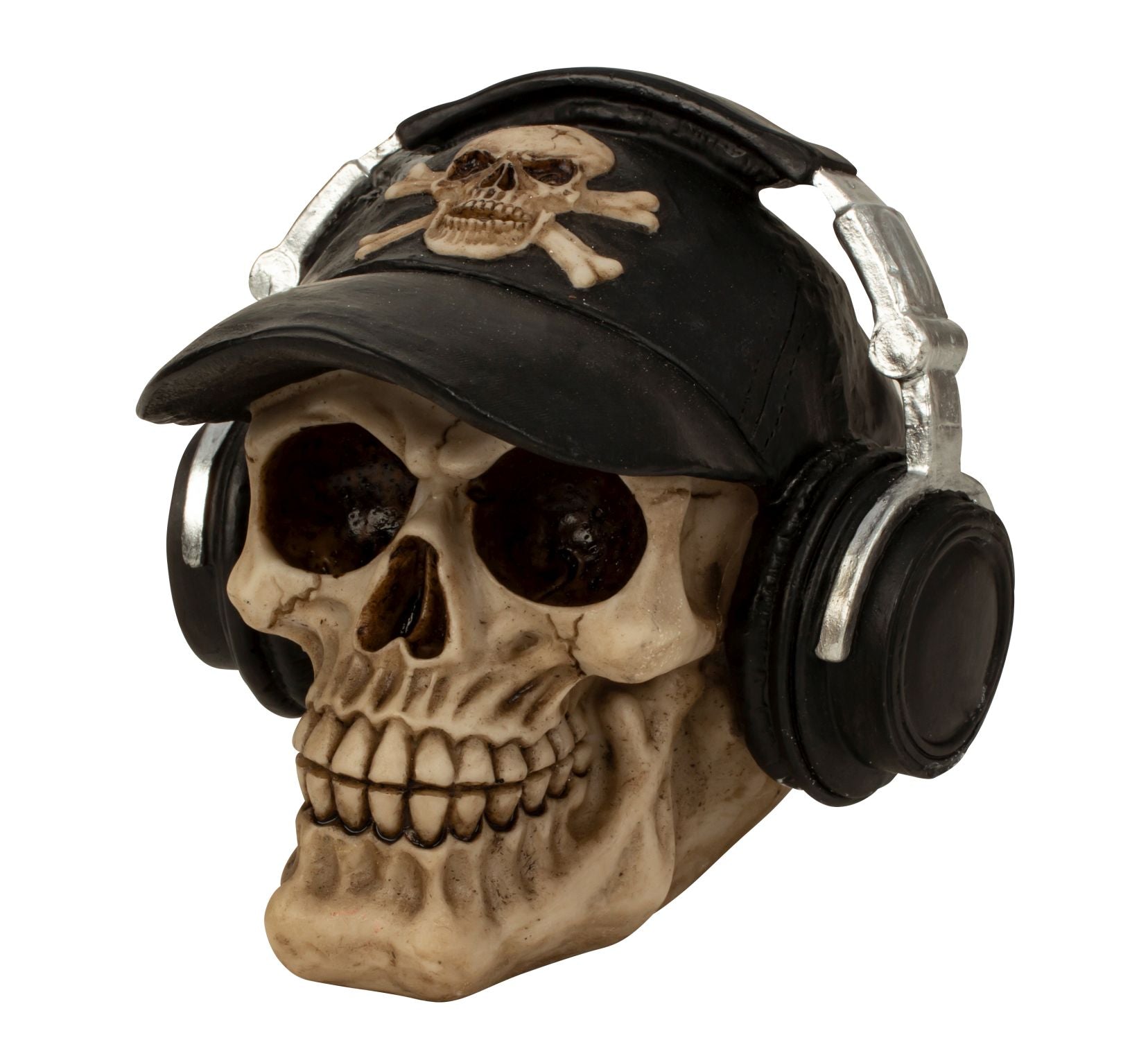 Skull with baseball cap &amp; headphones made of artificial stone, height 14 cm