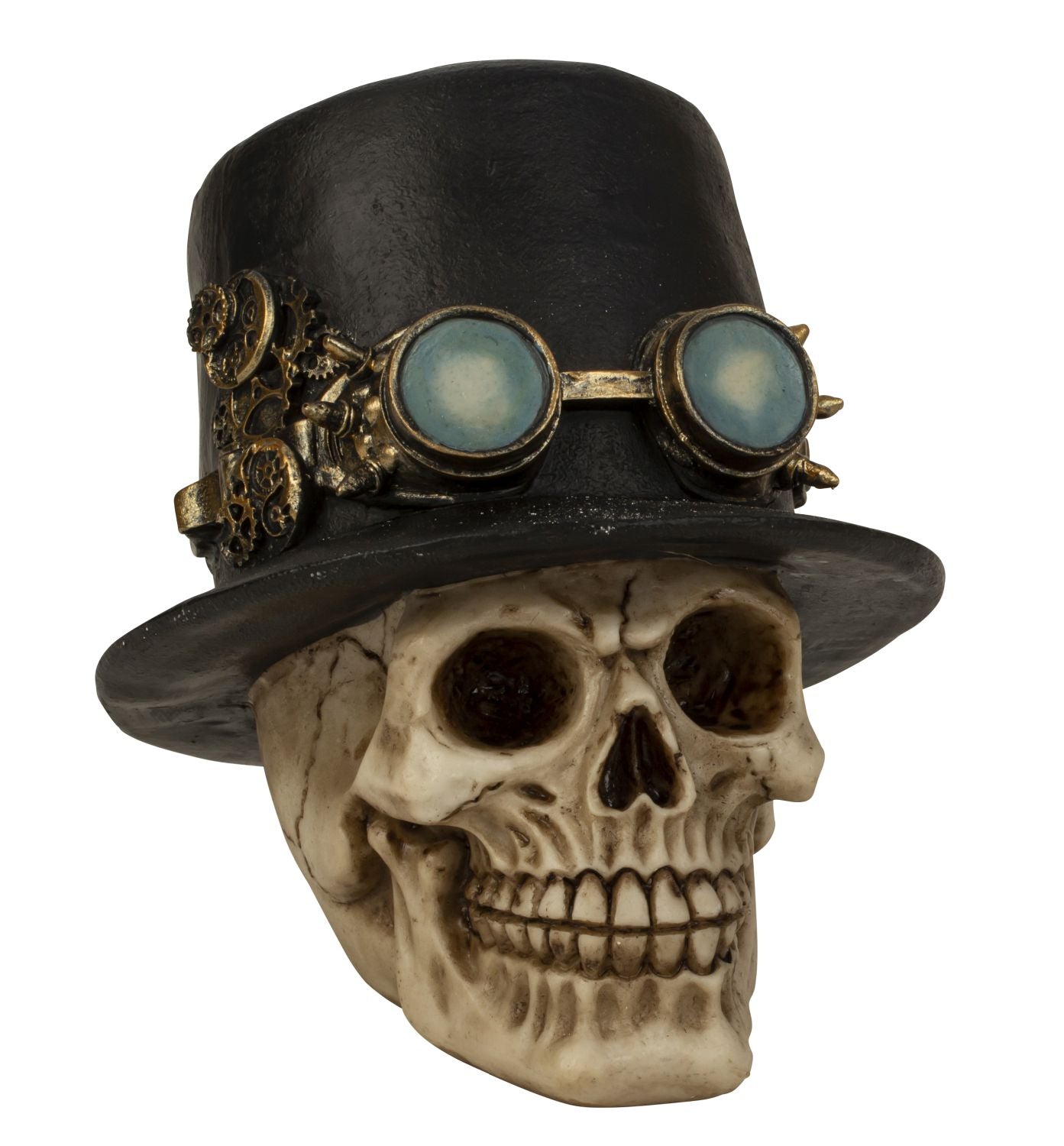 Skull with top hat &amp; aviator goggles elaborately decorated made of artificial stone height 18 cm