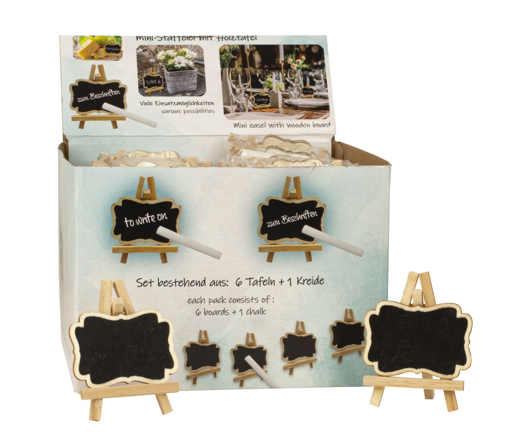 Mini easel set with wooden board in display Set price 6 boards and one chalk Height 9 cm Width 7 cm