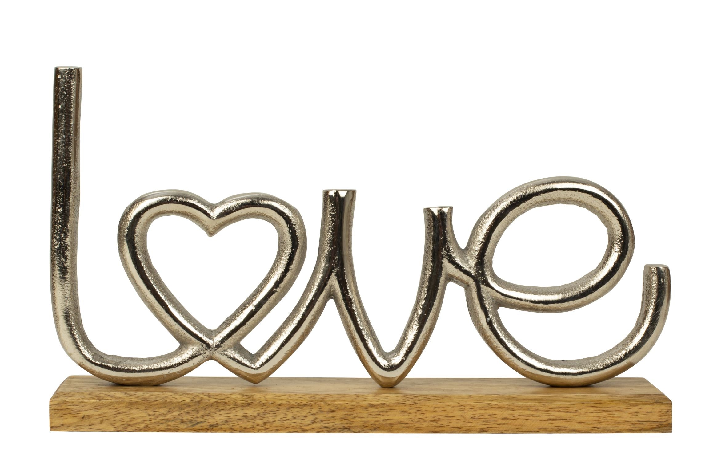 Modern lettering LOVE made of metal on wooden base Width 26 cm Height 15 cm