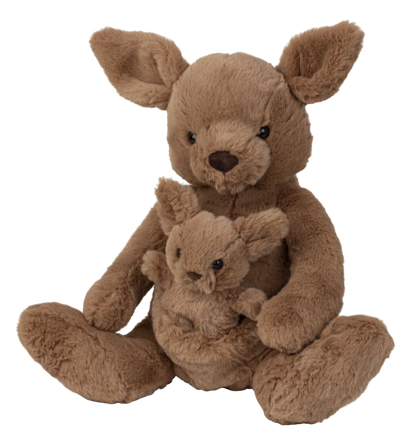 Peluche kangourou avec bébé assis dans un sac, hauteur 38 cm