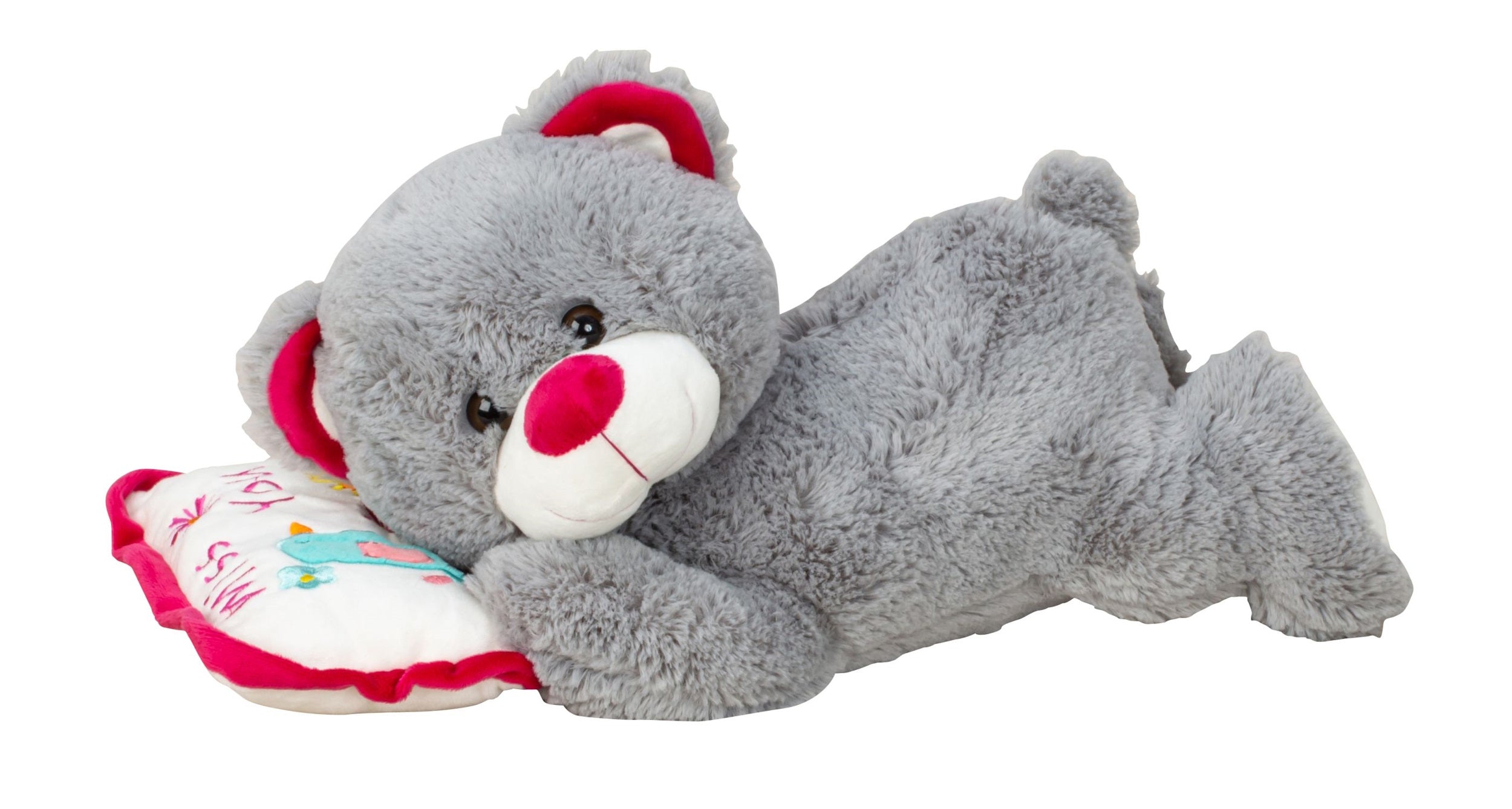 Ours en peluche ours en peluche gris couché sur un oreiller de 44 cm de long, peluche douce et veloutée