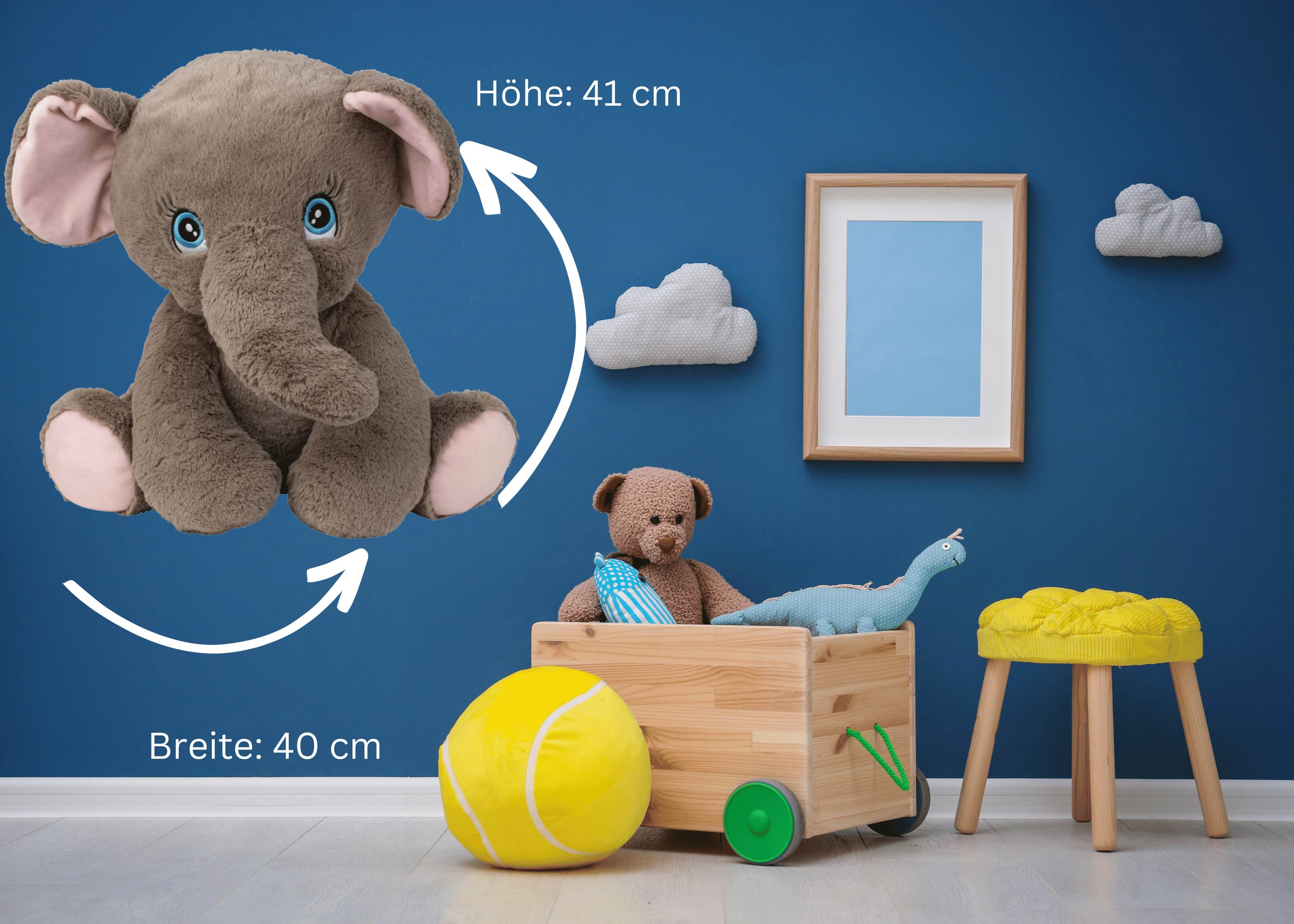 Peluche ours en peluche éléphant gris avec des yeux doux, hauteur d'assise 41 cm, doux et câlin