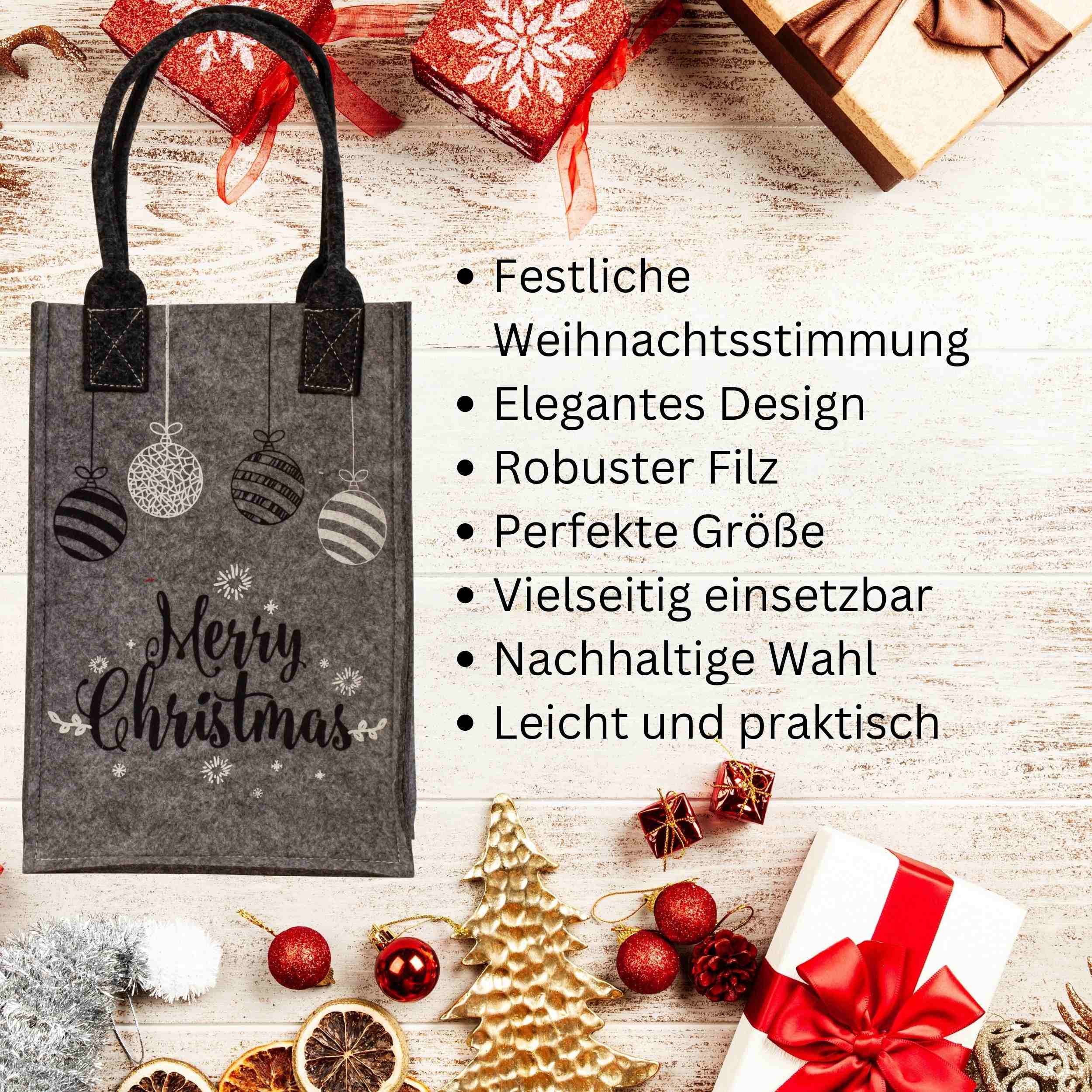 Filztasche Einkaufstasche grau Merry Christmas 10x17,5x26 cm