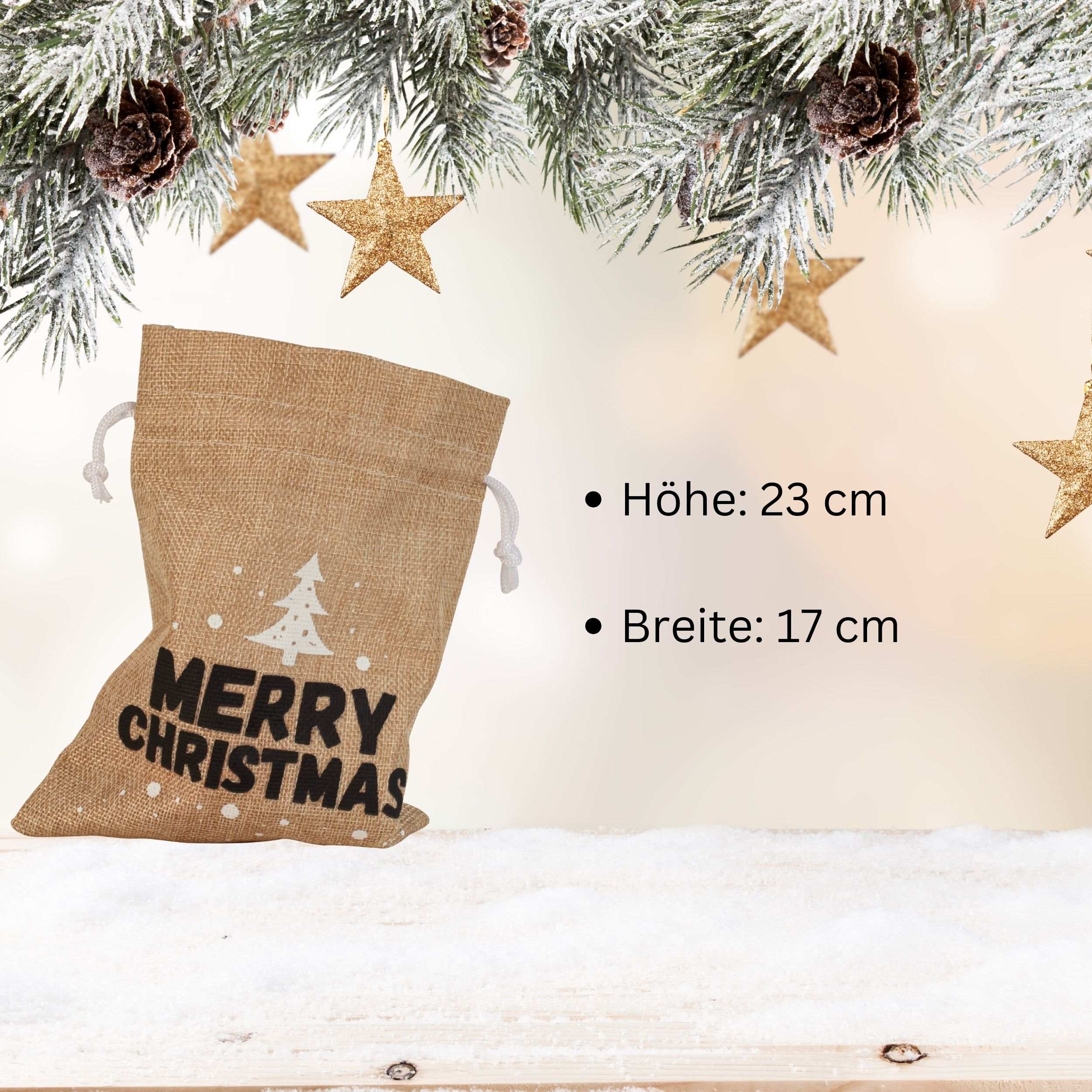 4 Stück Jute-Sack braun in weihnachtlichem Motiv Merry Christmas 17x23 cm