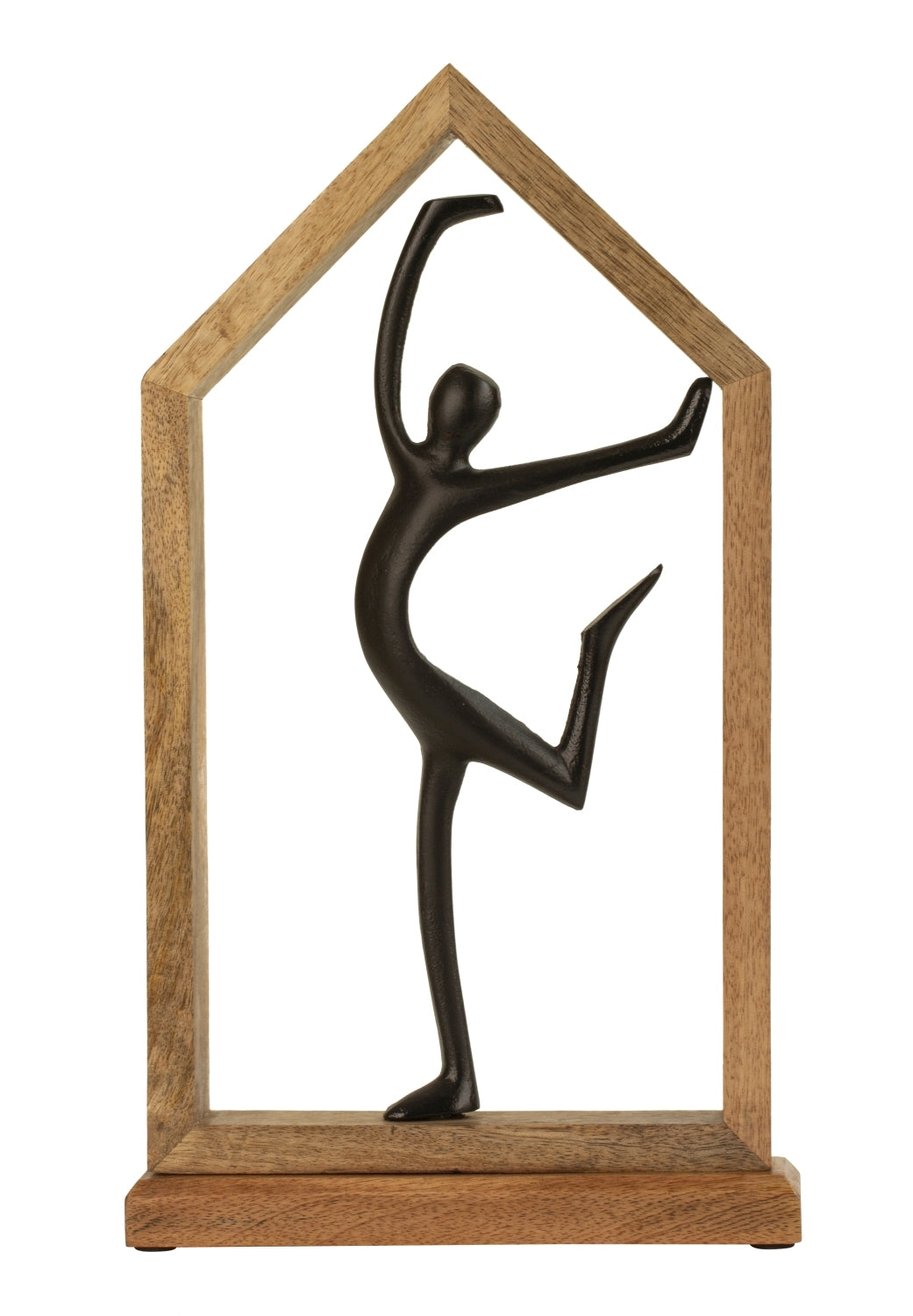 Sculpture décorative figure femme en position de danse noire en métal dans un cadre en bois marron 23x40 cm