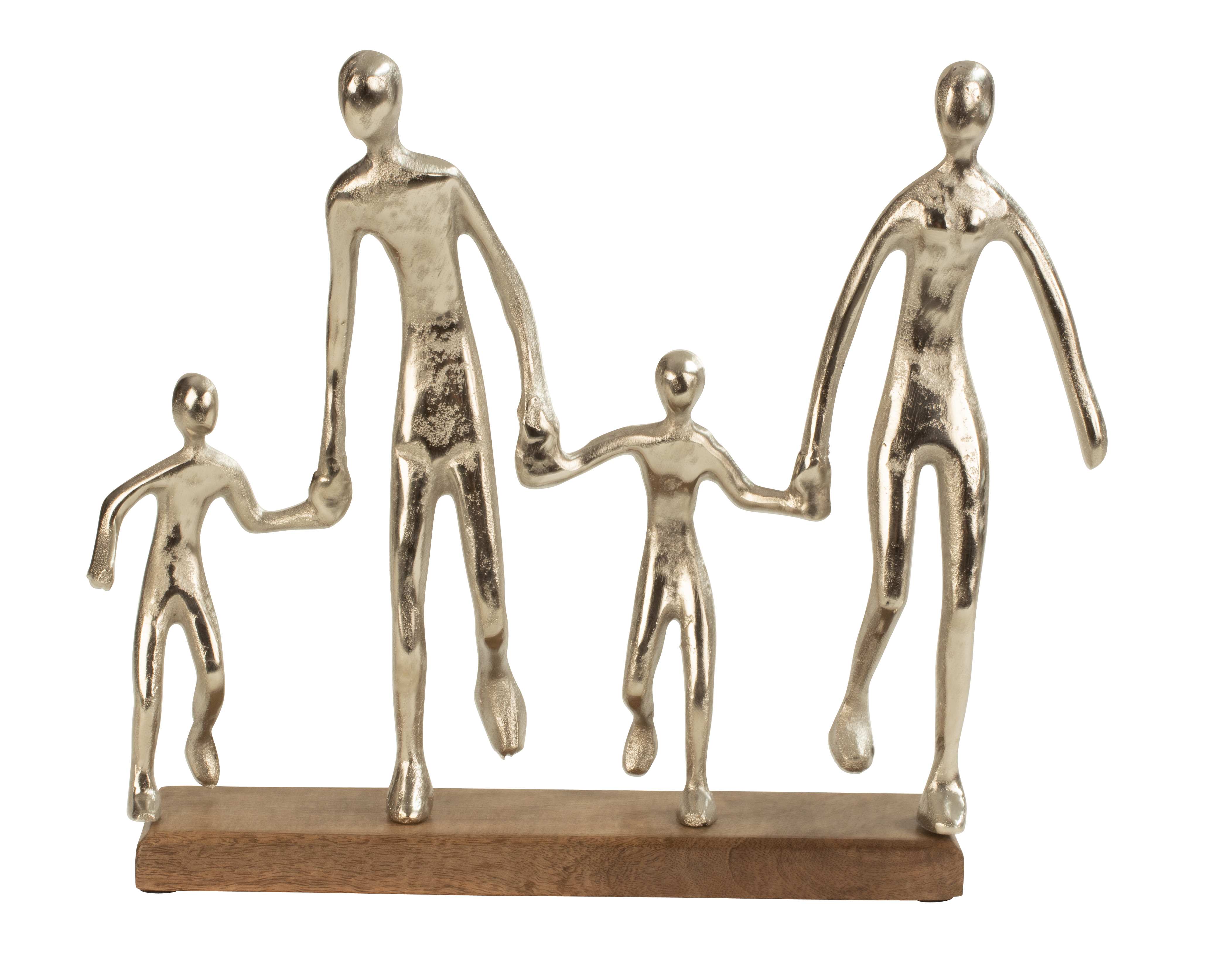 Sculpture moderne famille de personnages décoratifs en métal posé sur un socle en bois, argent, largeur 38 cm, hauteur 31 cm