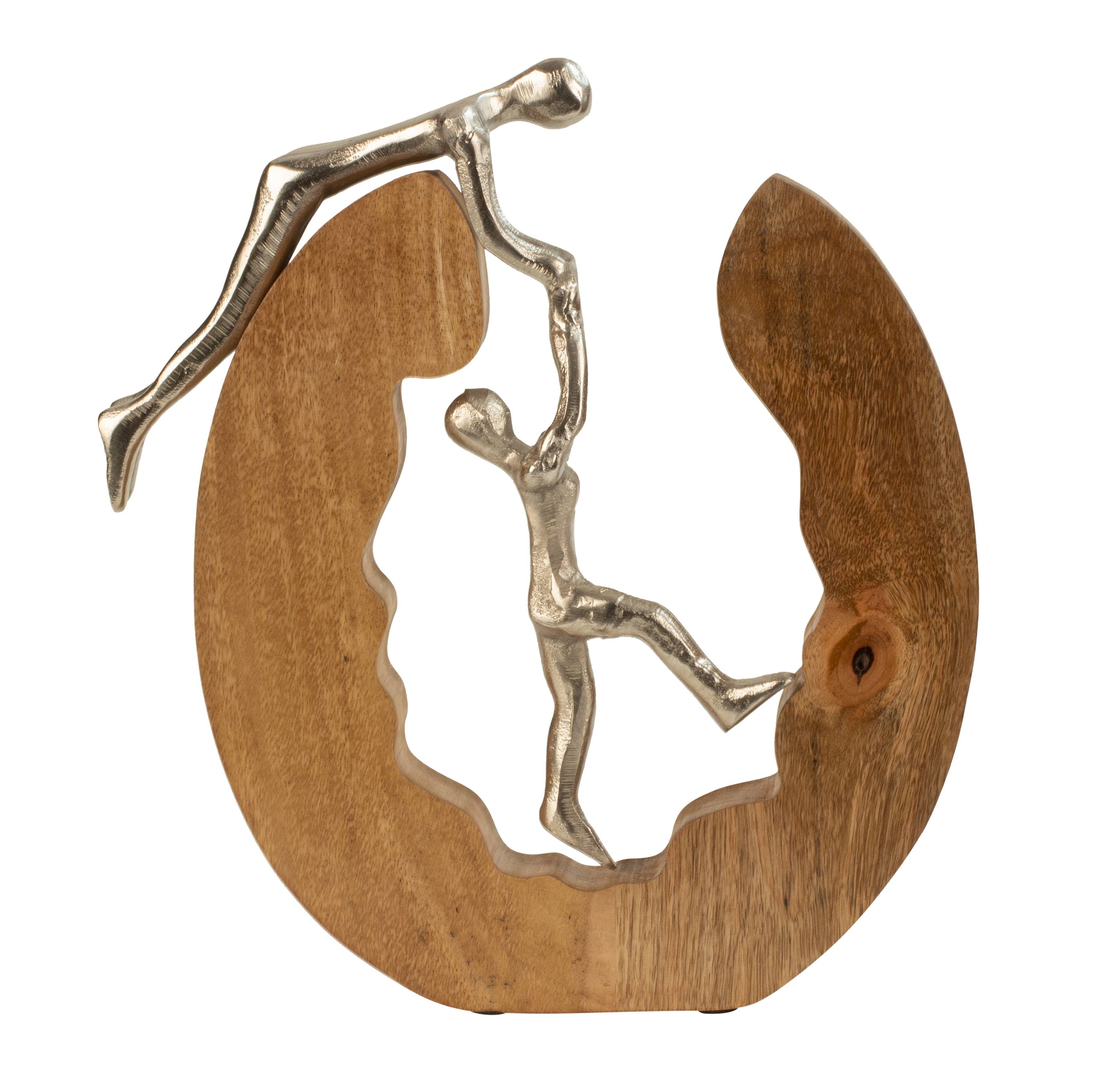 Sculpture decorative figure climbing couple made of metal silver in a ring made of wood 28x31 cm